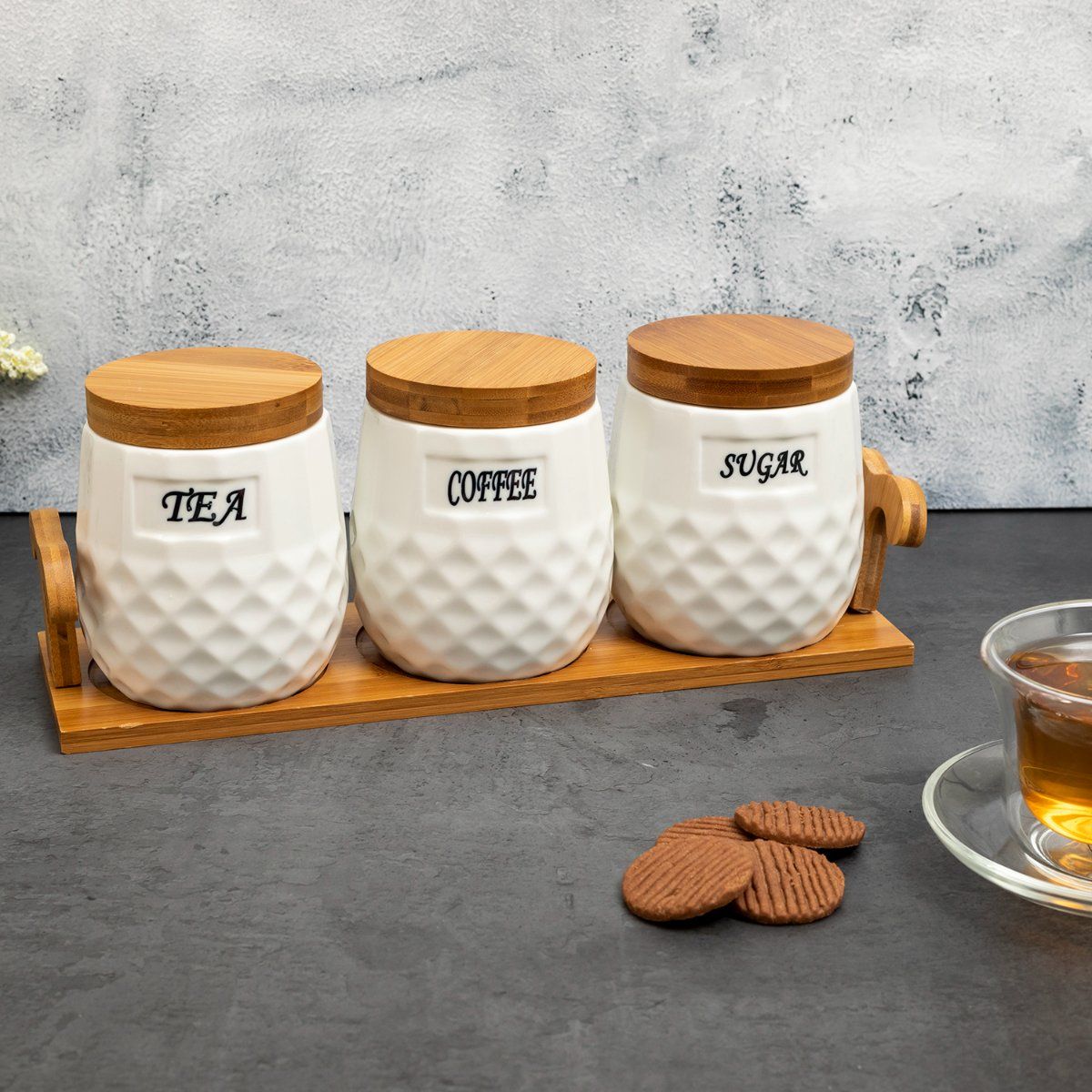 Buy EZ Life White Ceramic Checkers Tea Coffee Sugar 3 Canisters Pcs