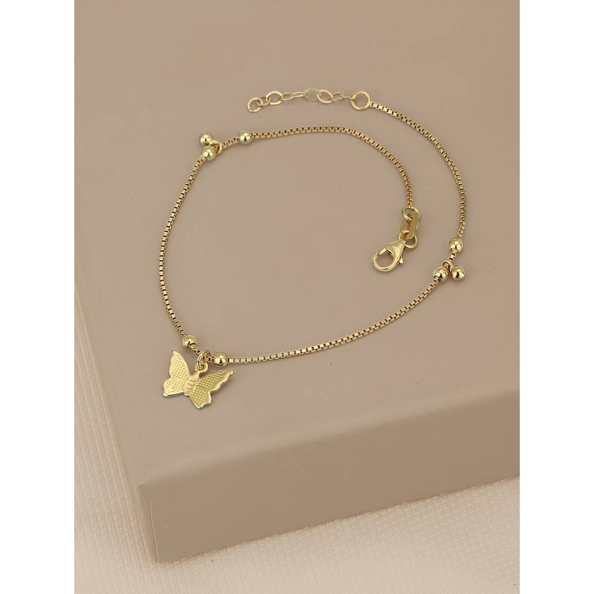 Carlton London 18Kt Gold Plated Anklet with Dangling Butterfly Charm & Beads