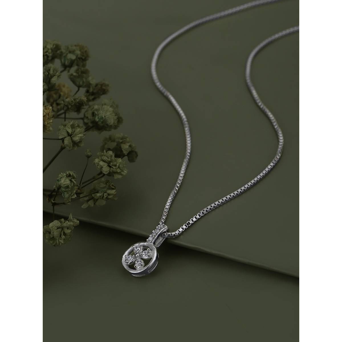 Carlton London Rhodium Plated with Round Floral Pendant with Chain