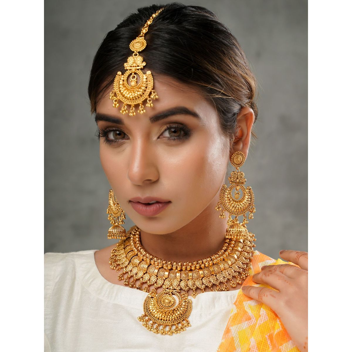VIRAASI Ethnic Gold Plated Necklace with Earrings and Maangtikka
