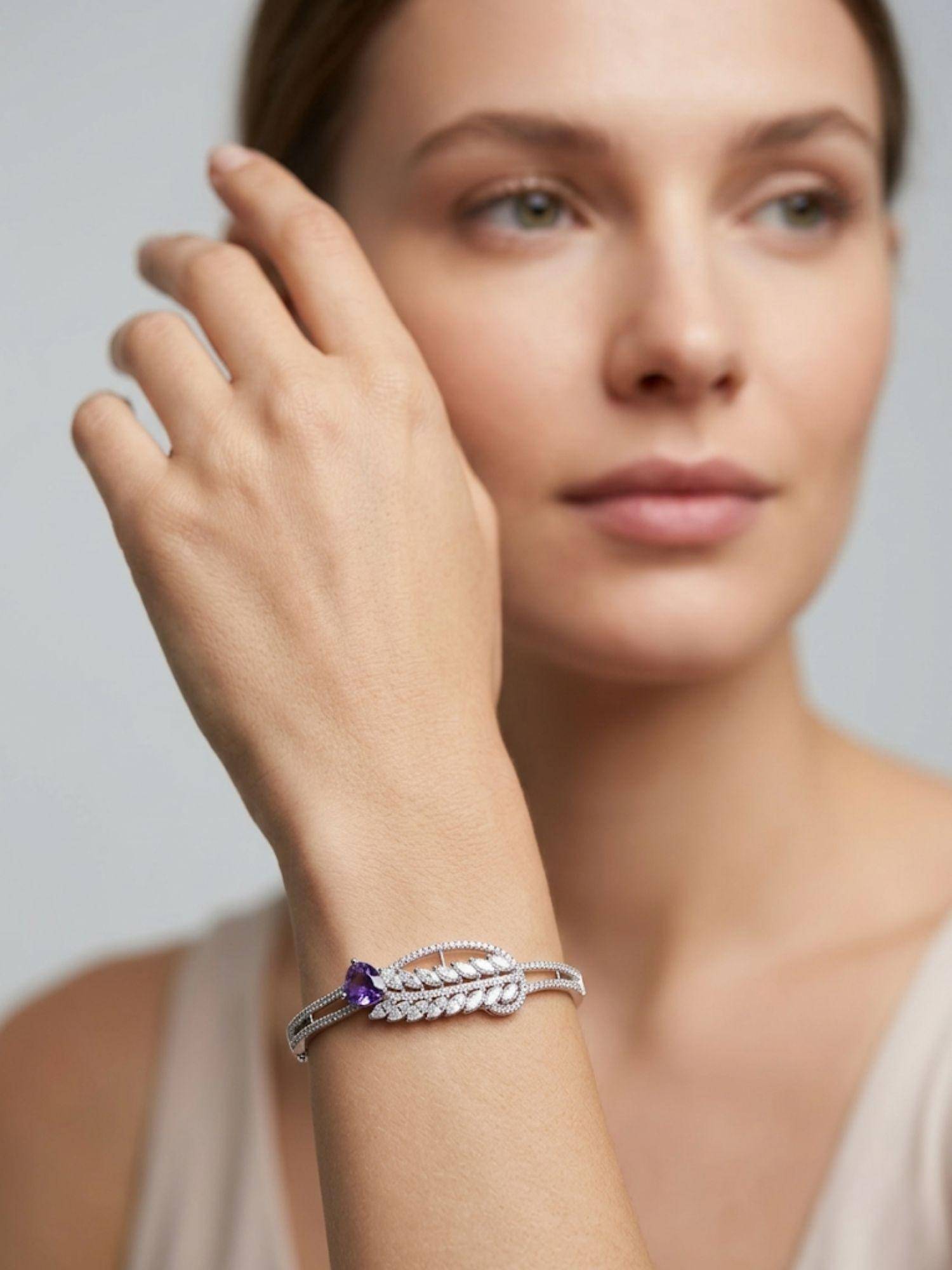 Adwitiya Rhodium-Plated Cz and Purple Stone Leaf Motif Bracelet