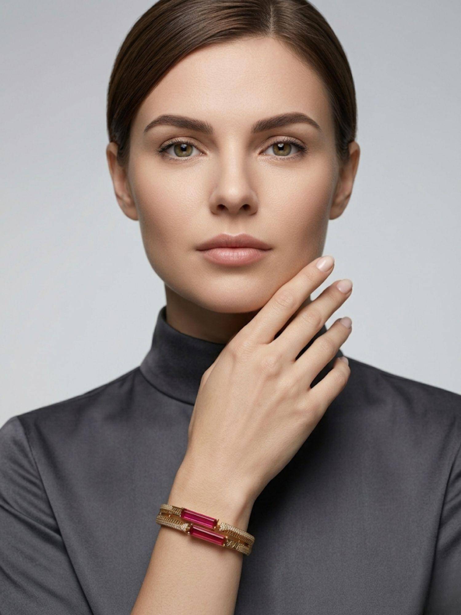 Adwitiya Gold-Plated Ruby-Look Baguette Stone Layered Bracelet