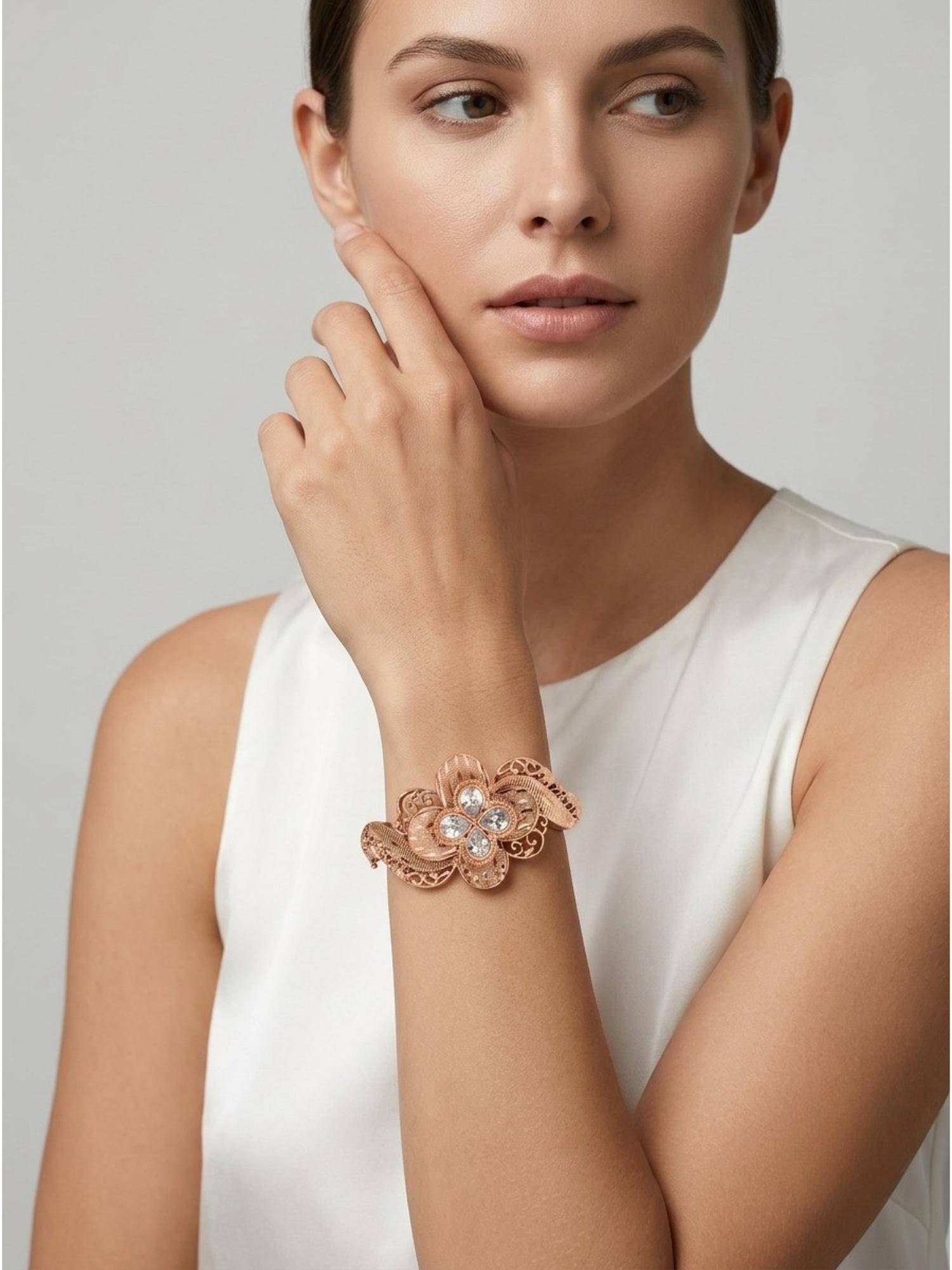 Adwitiya Rose Gold-Plated Cz Floral Motif Bracelet