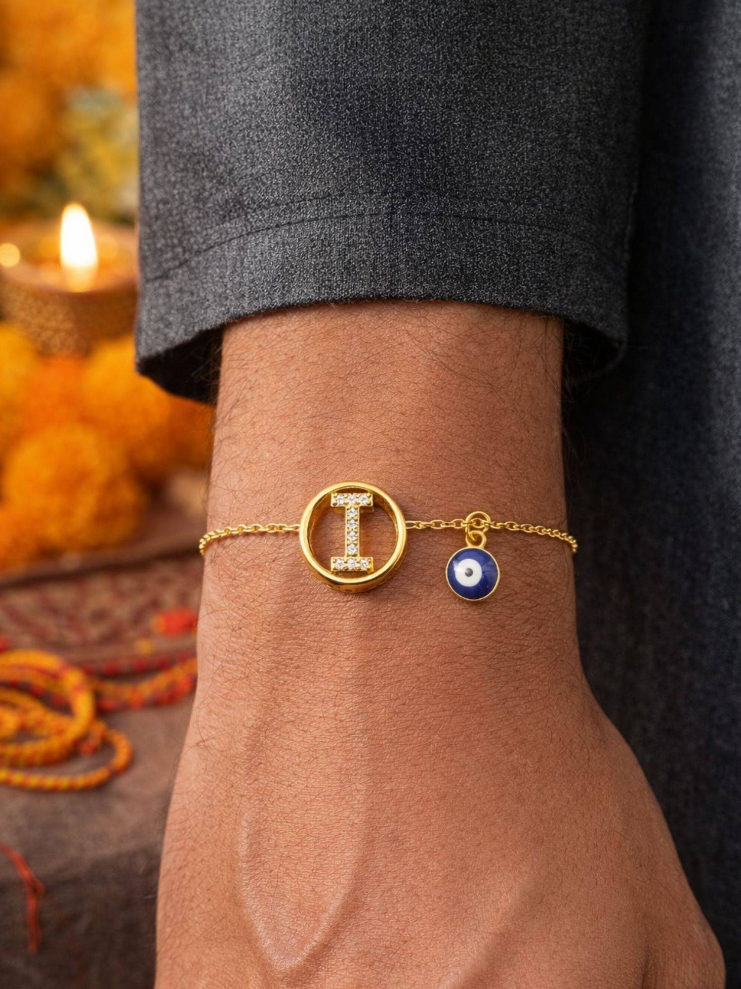 Digital Dress Room I Letter Evil Eye Stone Bracelet Rakhi