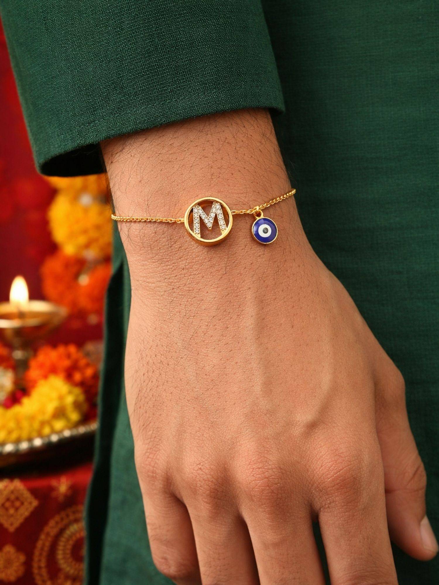 Digital Dress Room M Letter Evil Eye Stone Bracelet Rakhi