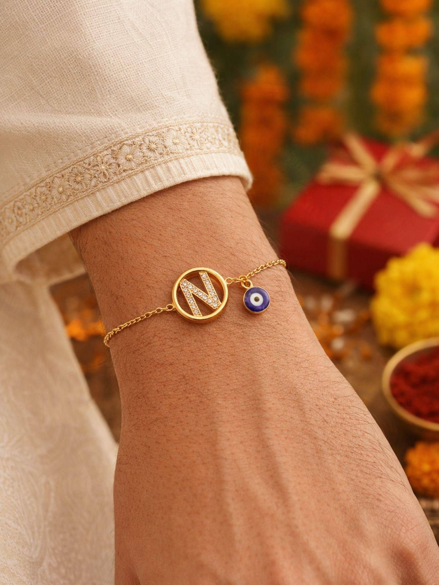 Digital Dress Room N Letter Evil Eye Stone Bracelet Rakhi