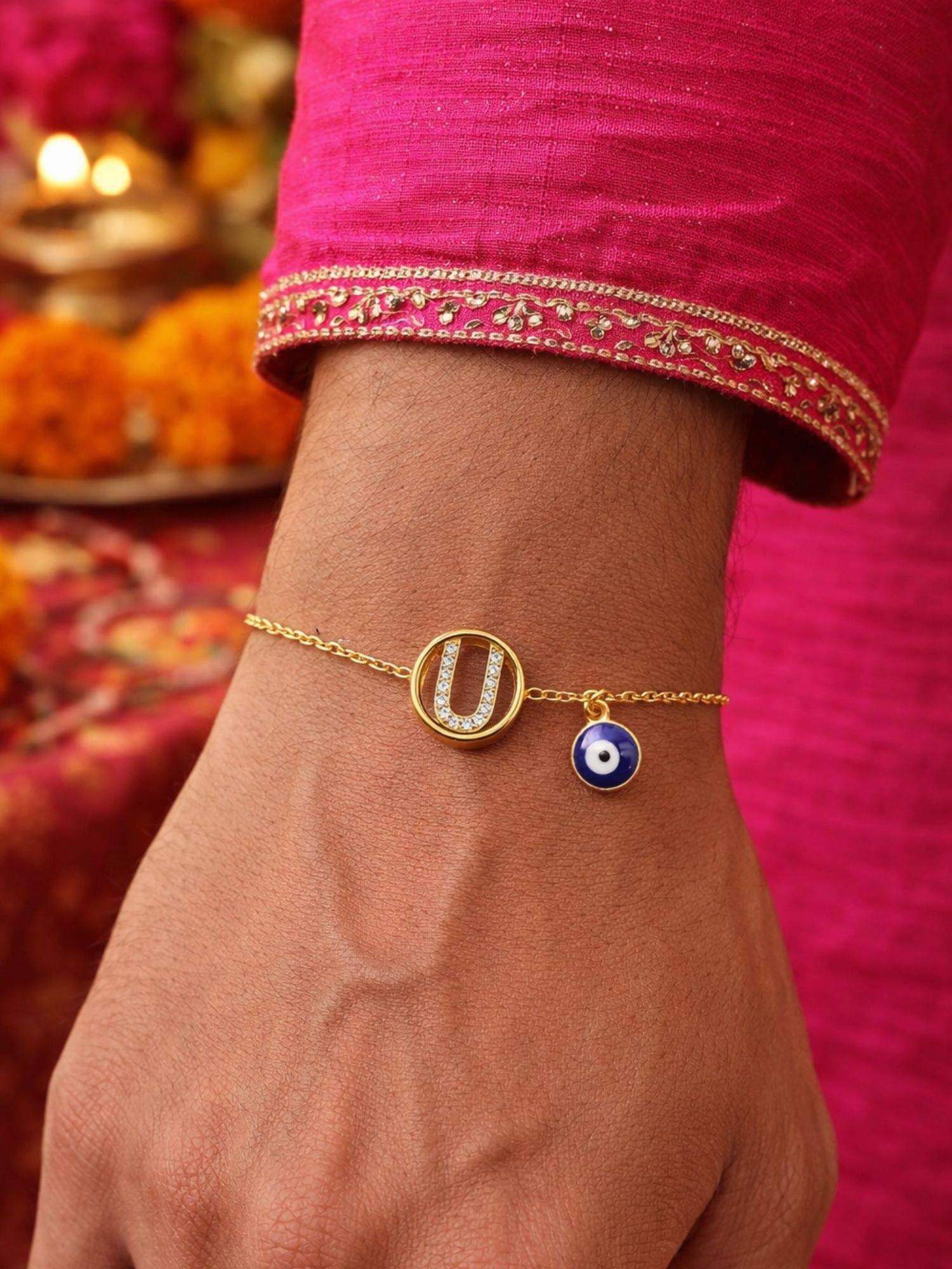 Digital Dress Room U Letter Evil Eye Stone Bracelet Rakhi