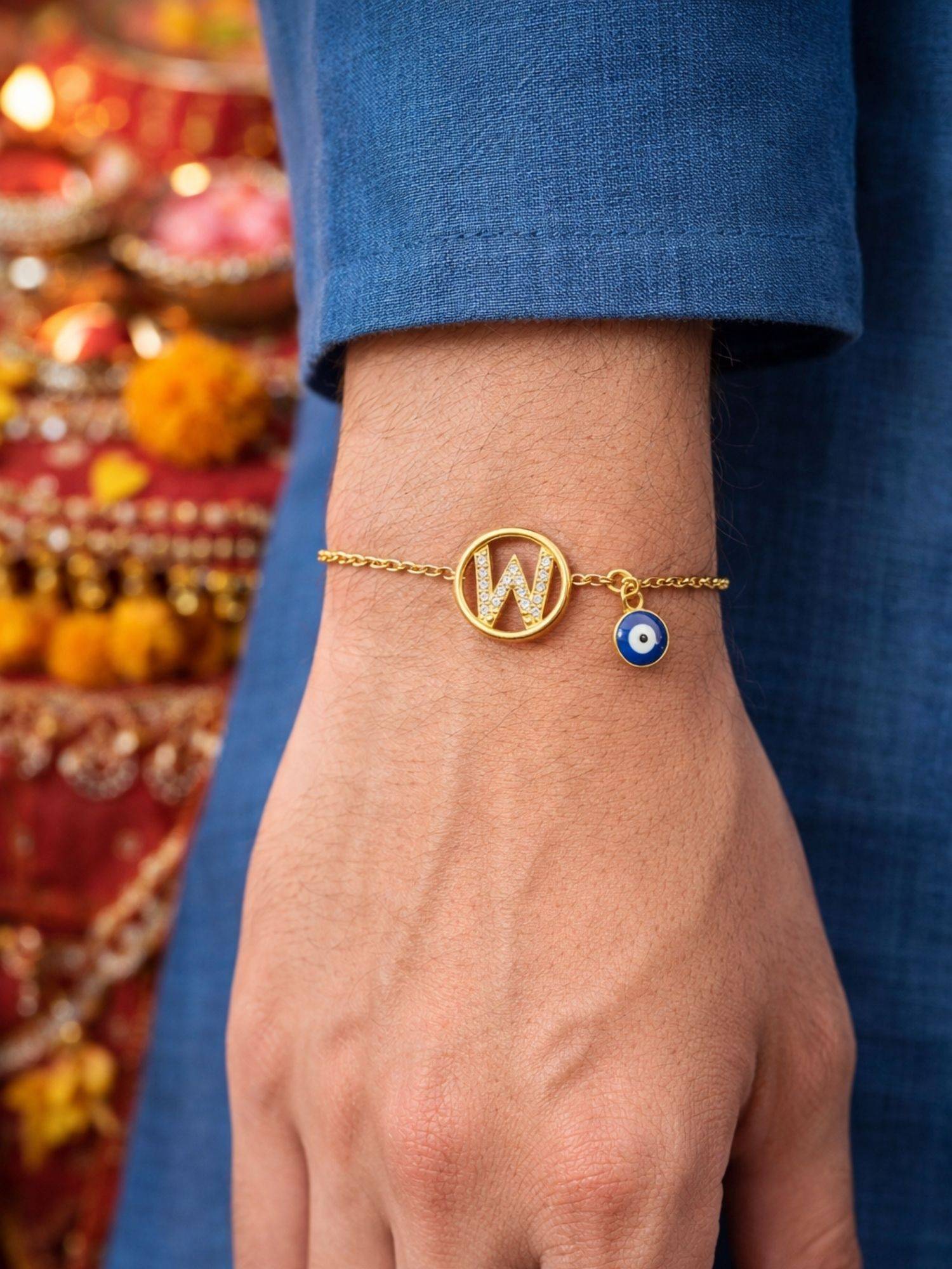 Digital Dress Room W Letter Evil Eye Stone Bracelet Rakhi