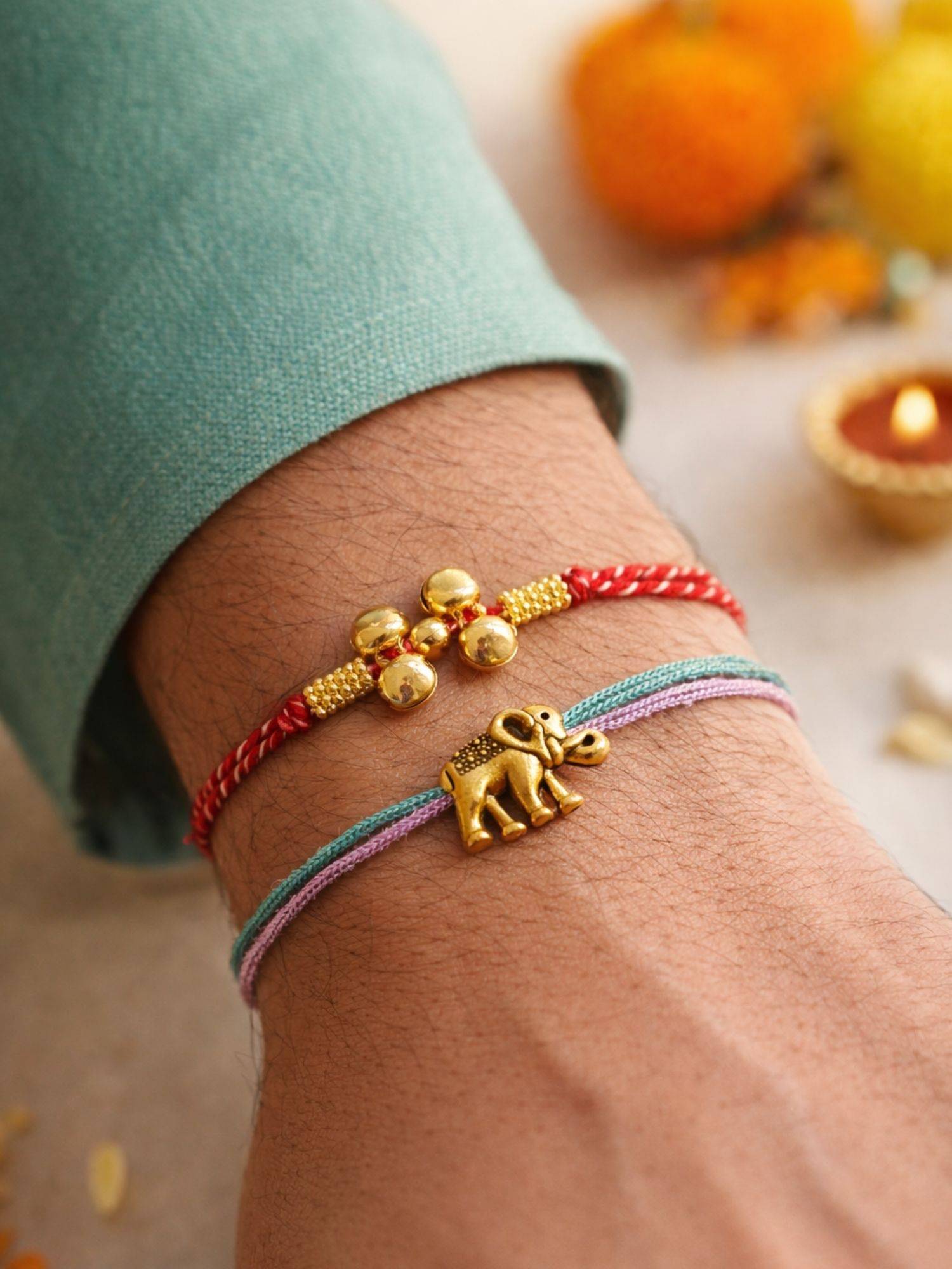 Digital Dress Room Gold Beads Elephant Rakhis Bracelet (Pack of 2)