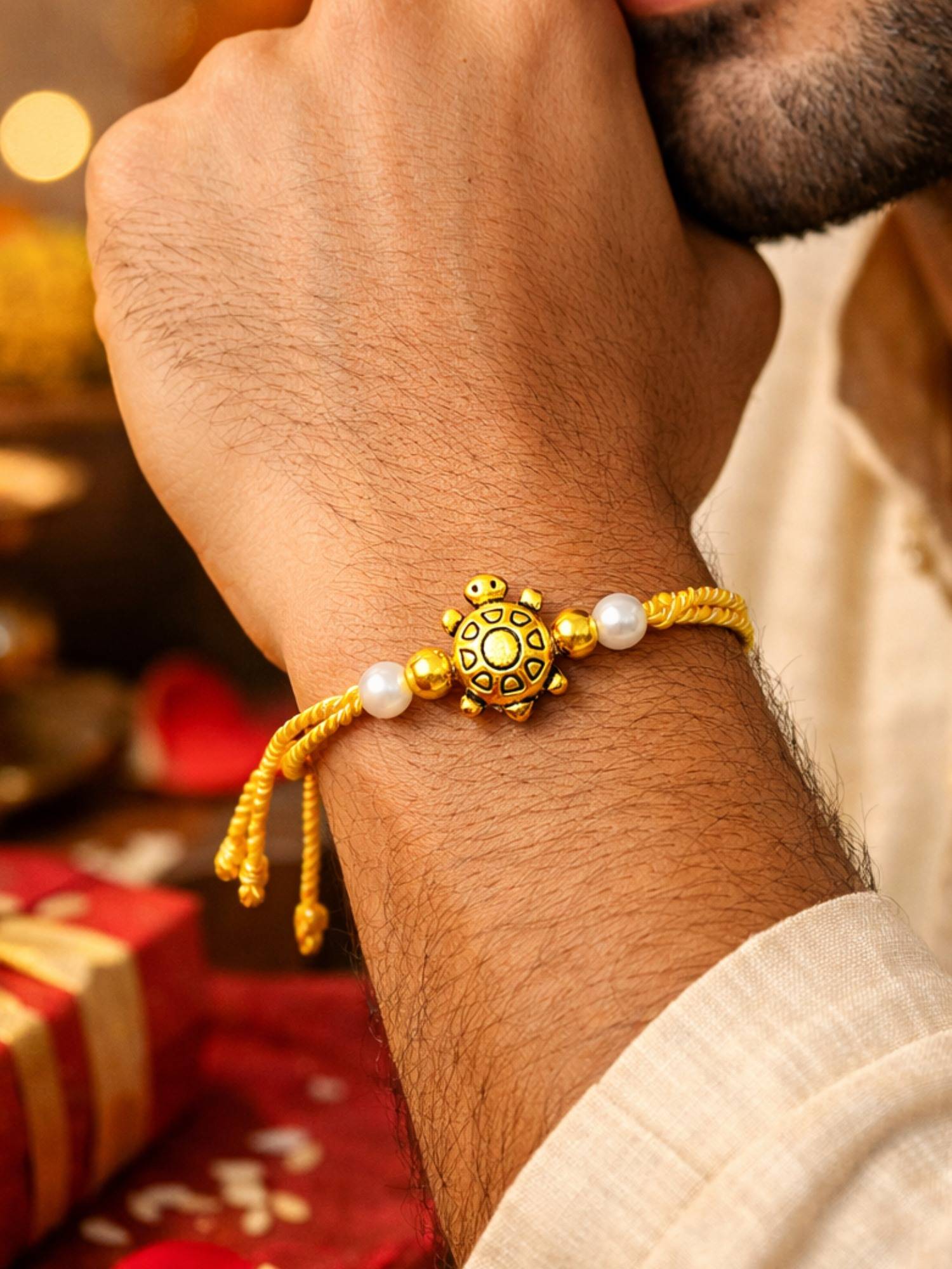 Digital Dress Room Gold Turtle Pearl Beads Rakhi