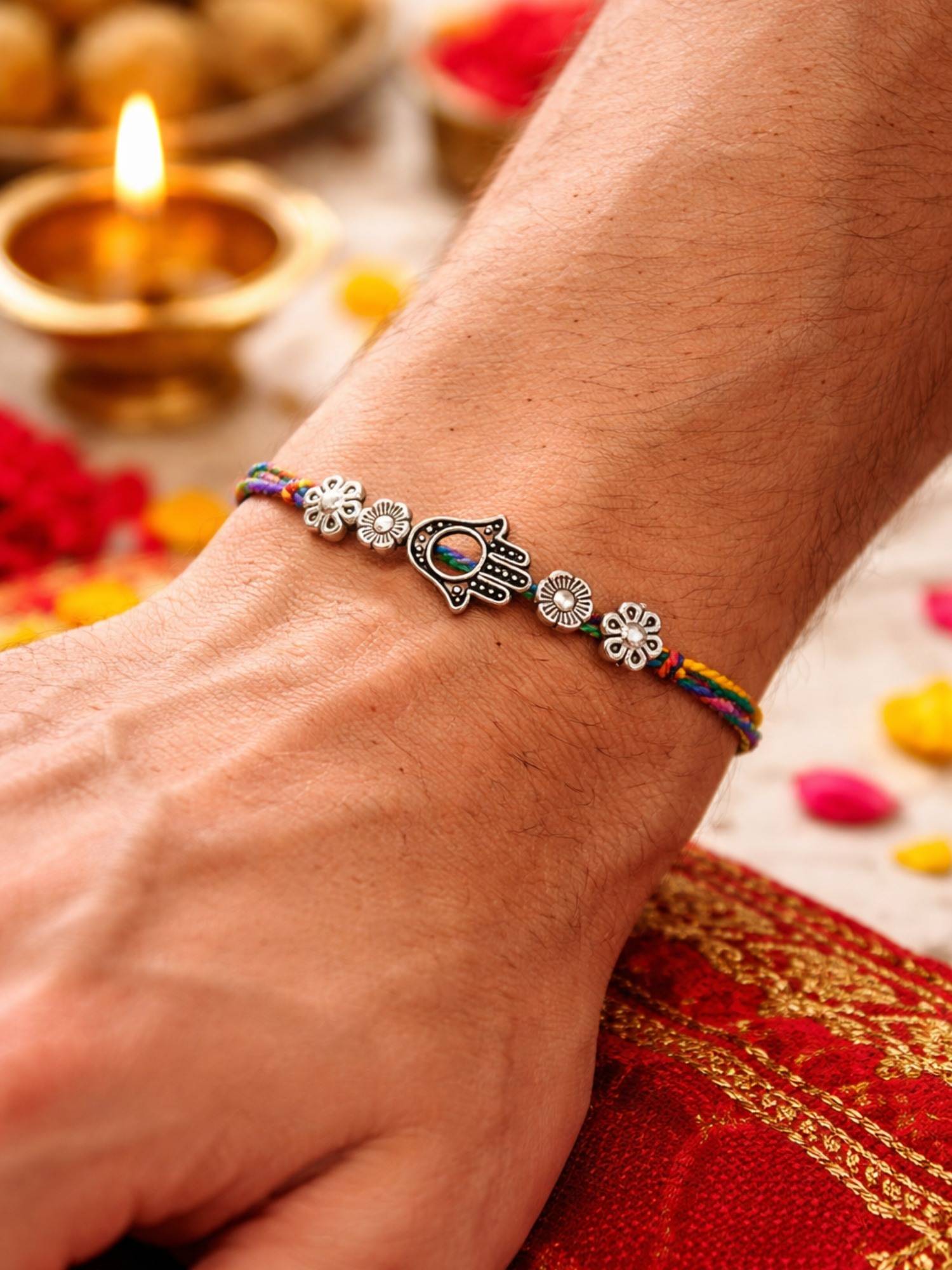 Digital Dress Room Silver Floral Design Hamsa Thread Rakhi