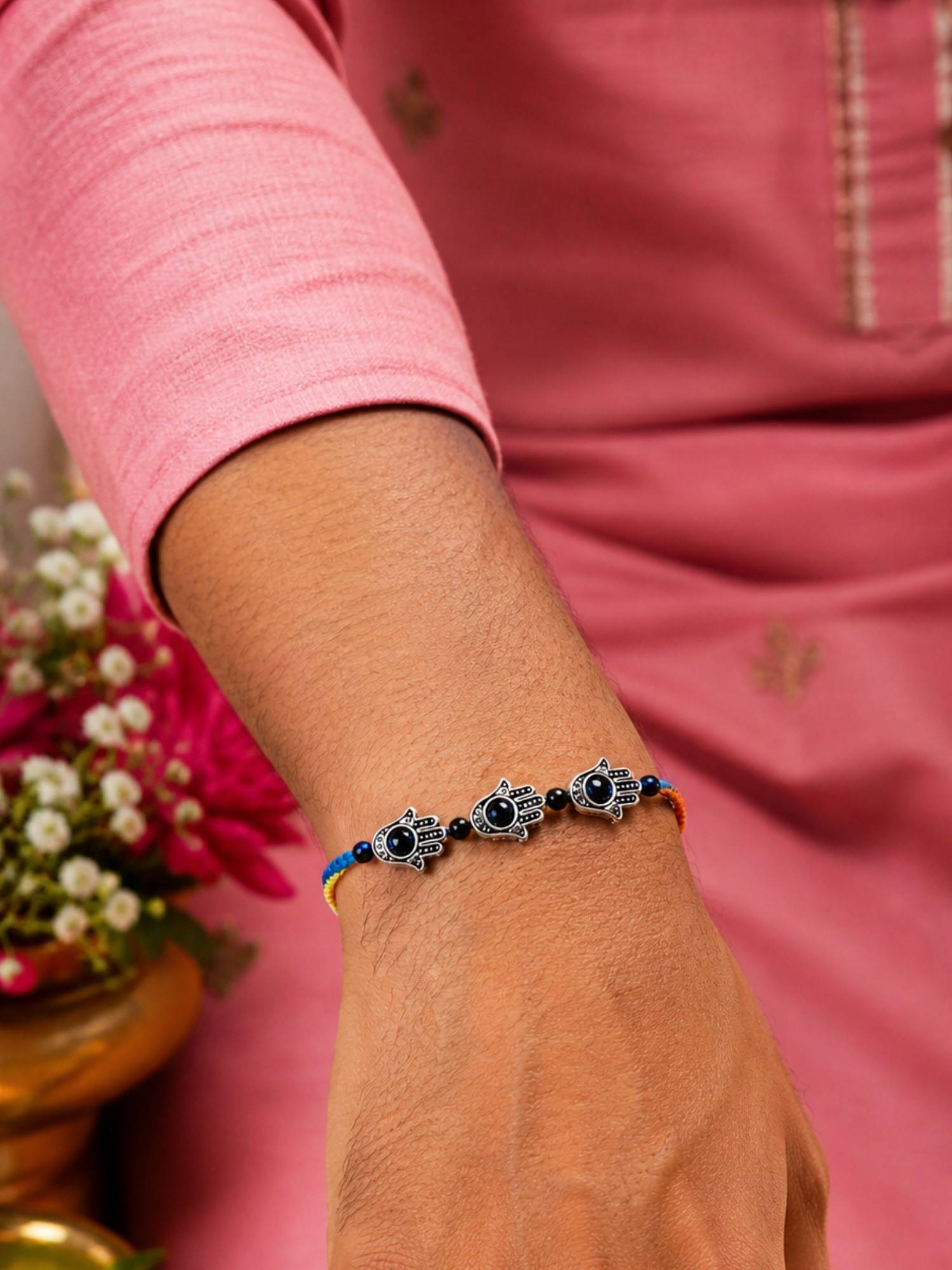 Digital Dress Room Silver-Black Beads Hamsa Rakhi