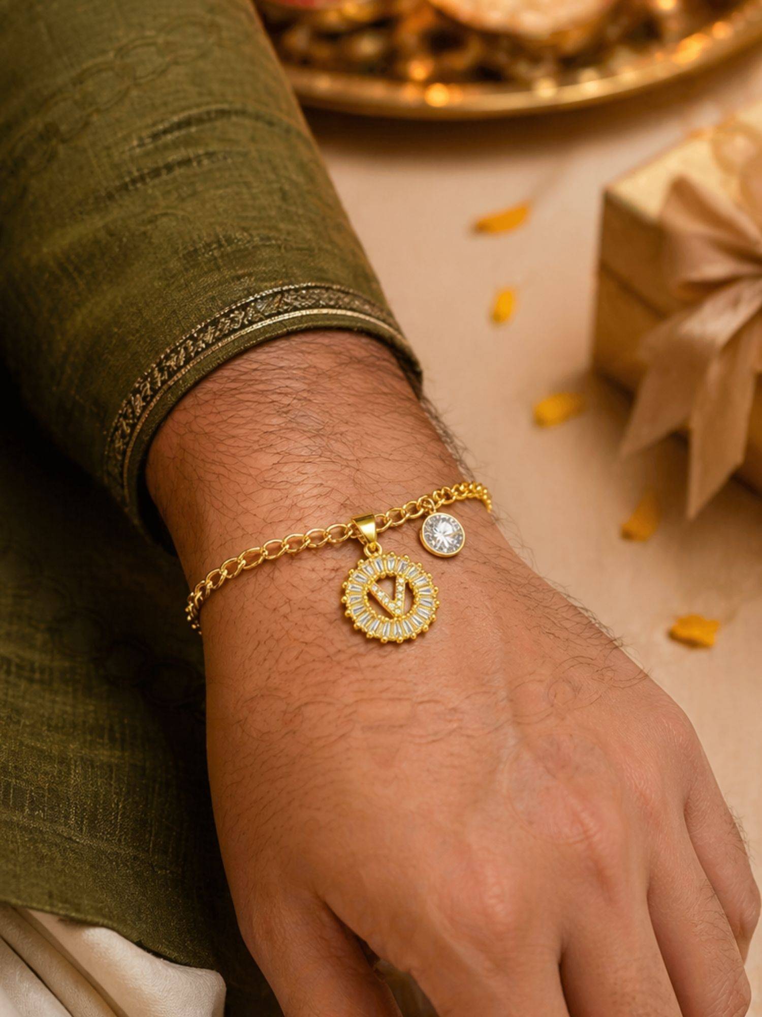 Digital Dress Room V Letter White Diamond Bracelet Rakhi