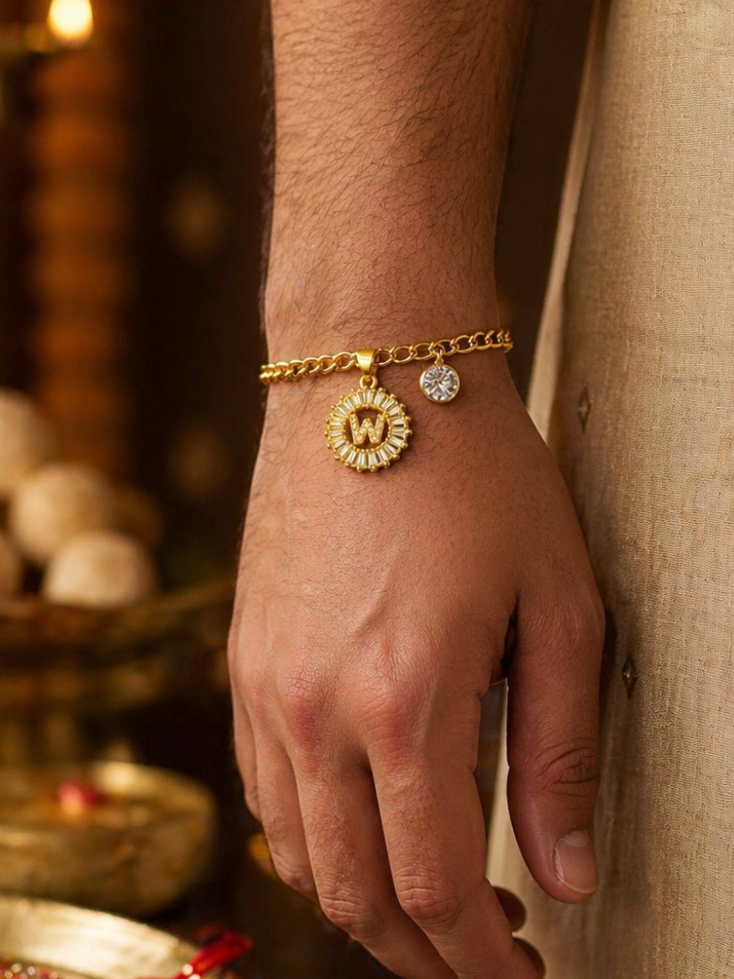 Digital Dress Room W Letter White Diamond Bracelet Rakhi