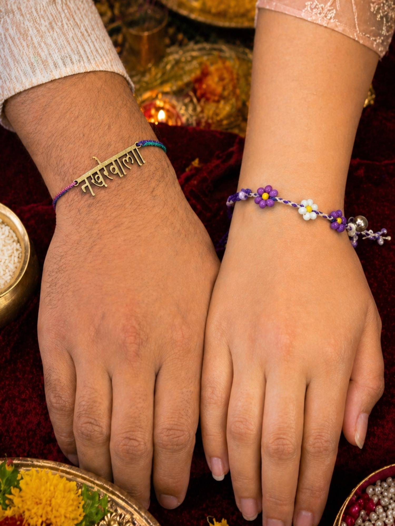 Digital Dress Room Nakhrewala Name Rakhi and Floral Beaded Bracelet