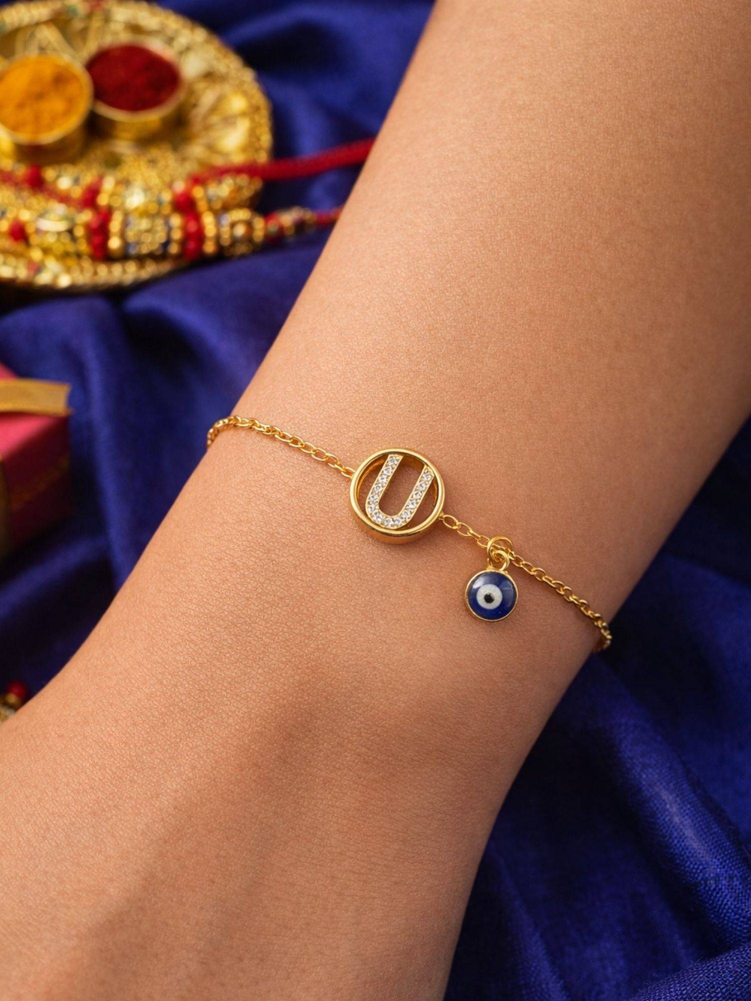 Digital Dress Room U Letter Barrel Design Ad Stone Bracelet Rakhi