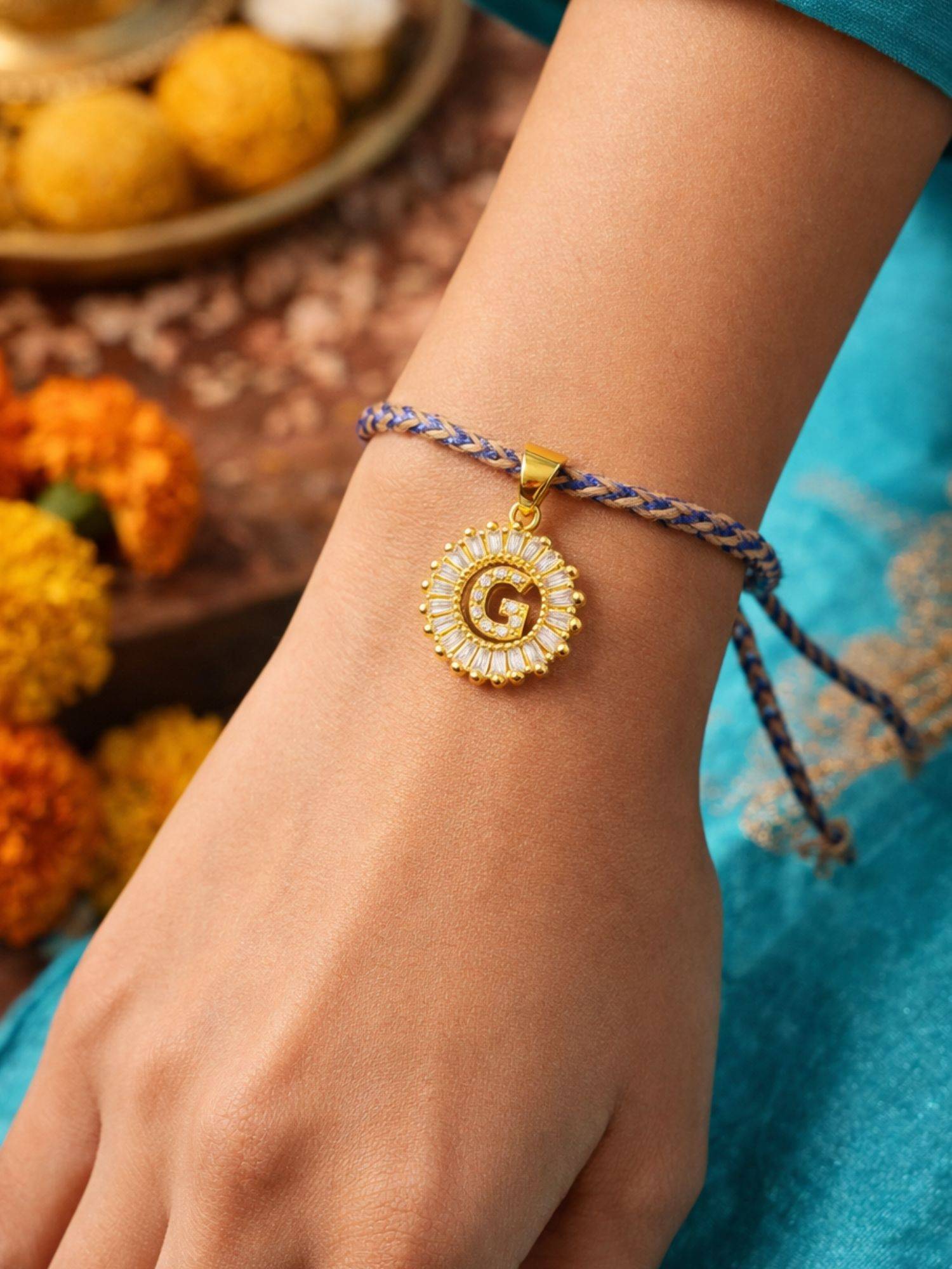 Digital Dress Room G Letter White Diamond Charm Rakhi