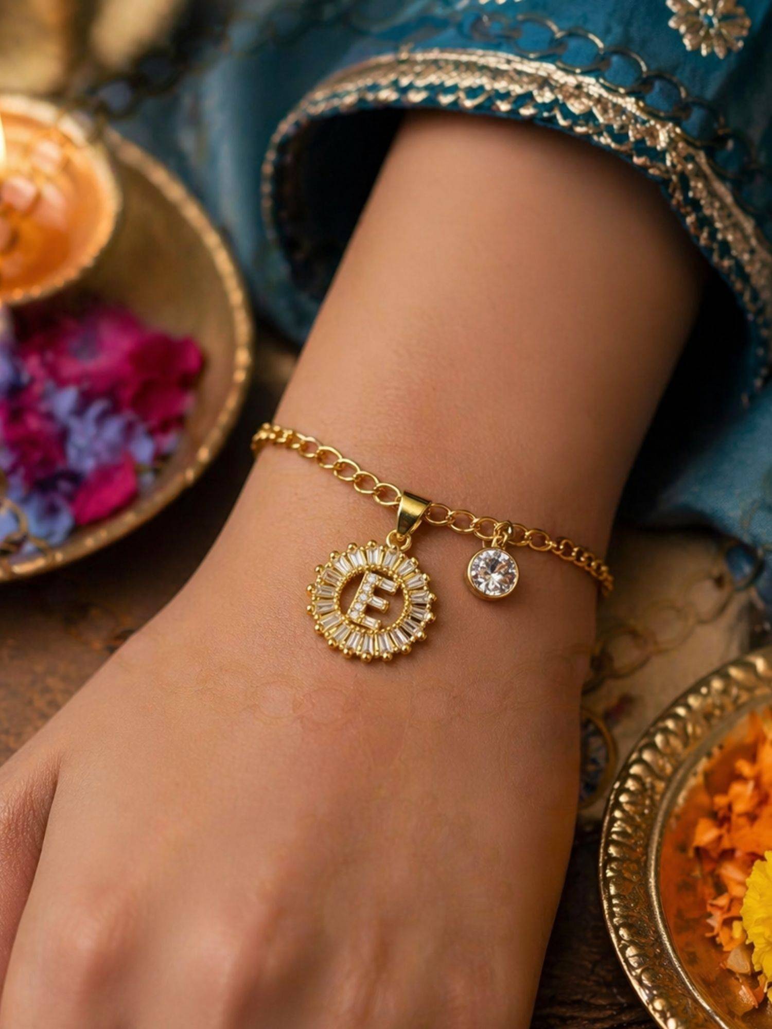 Digital Dress Room E Letter Crystal Charm Bracelet Rakhi
