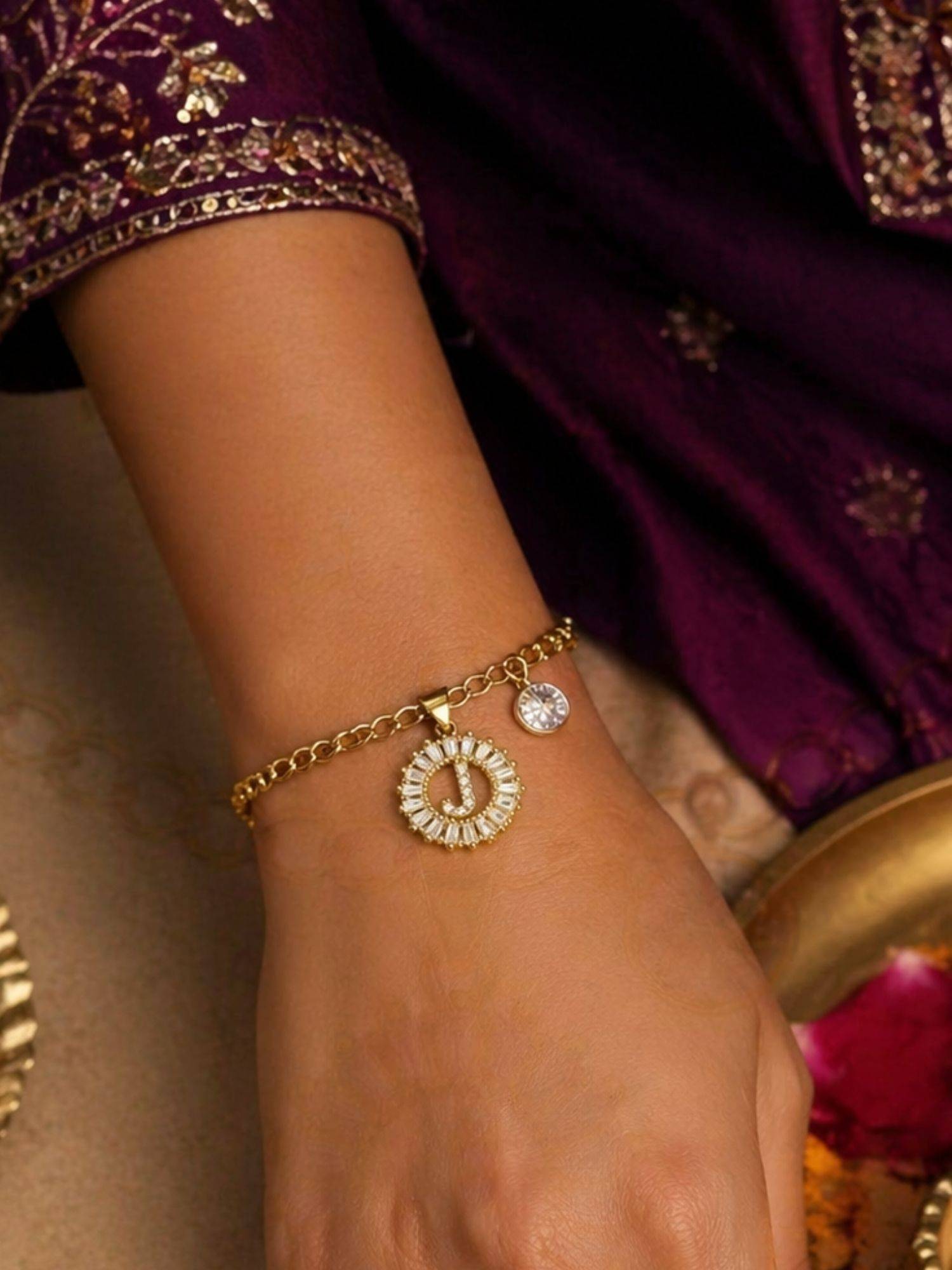 Digital Dress Room J Letter Crystal Charm Bracelet Rakhi