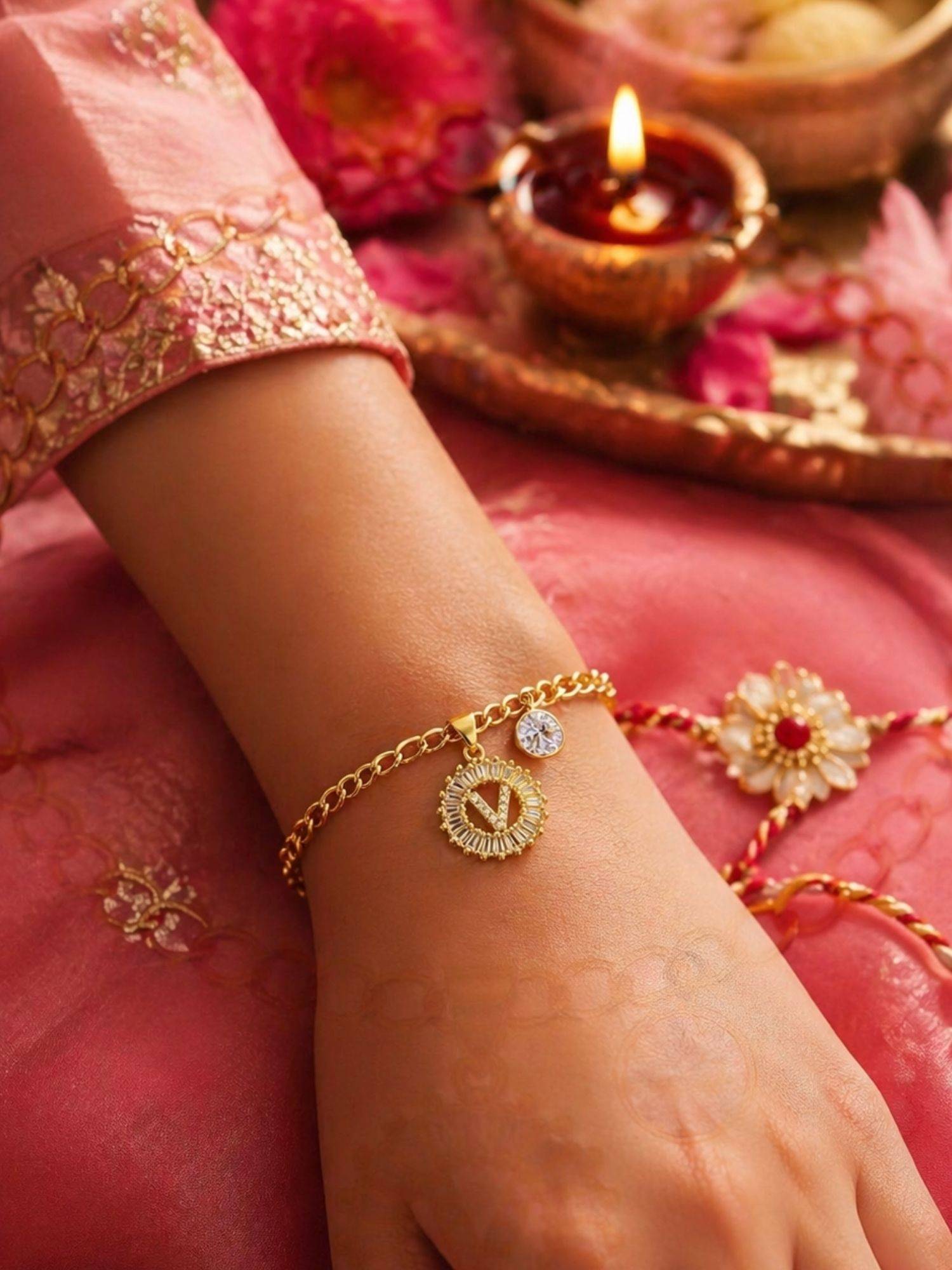Digital Dress Room V Letter Crystal Charm Bracelet Rakhi