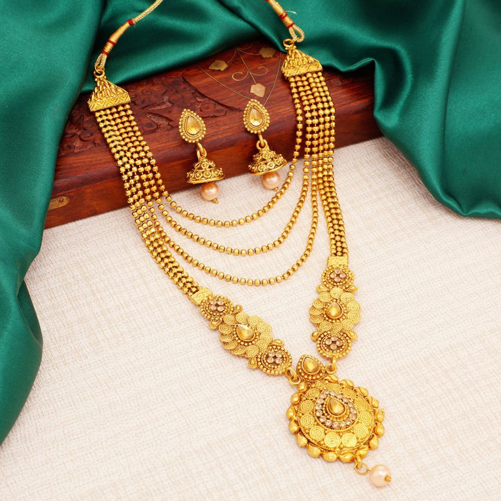 Amazing Semi Bridal Gold Plated Long Haram Wedding Necklace with Jhumk –  Look Ethnic