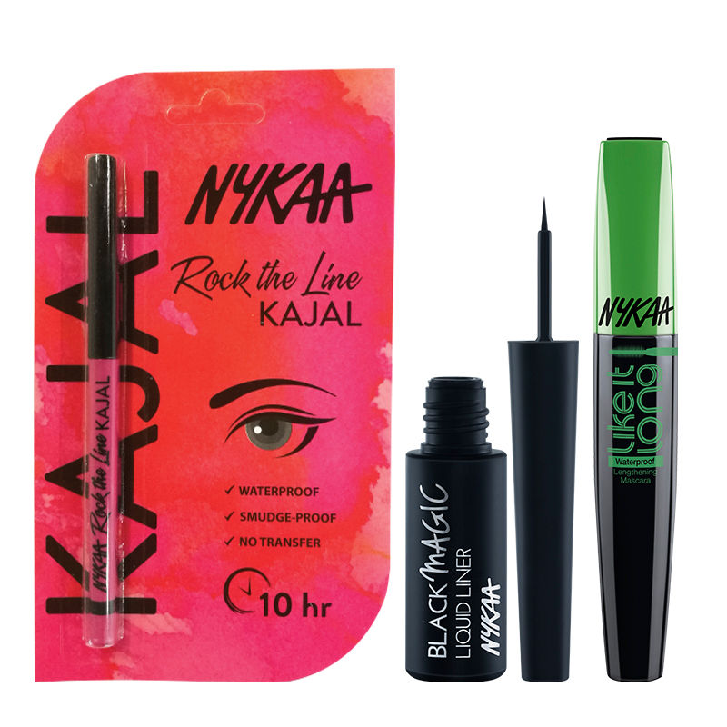 Nykaa Cosmetics Drama Eye Look - Like It Long Mascara + Black Magic Eyeliner + Rock The Line Kajal