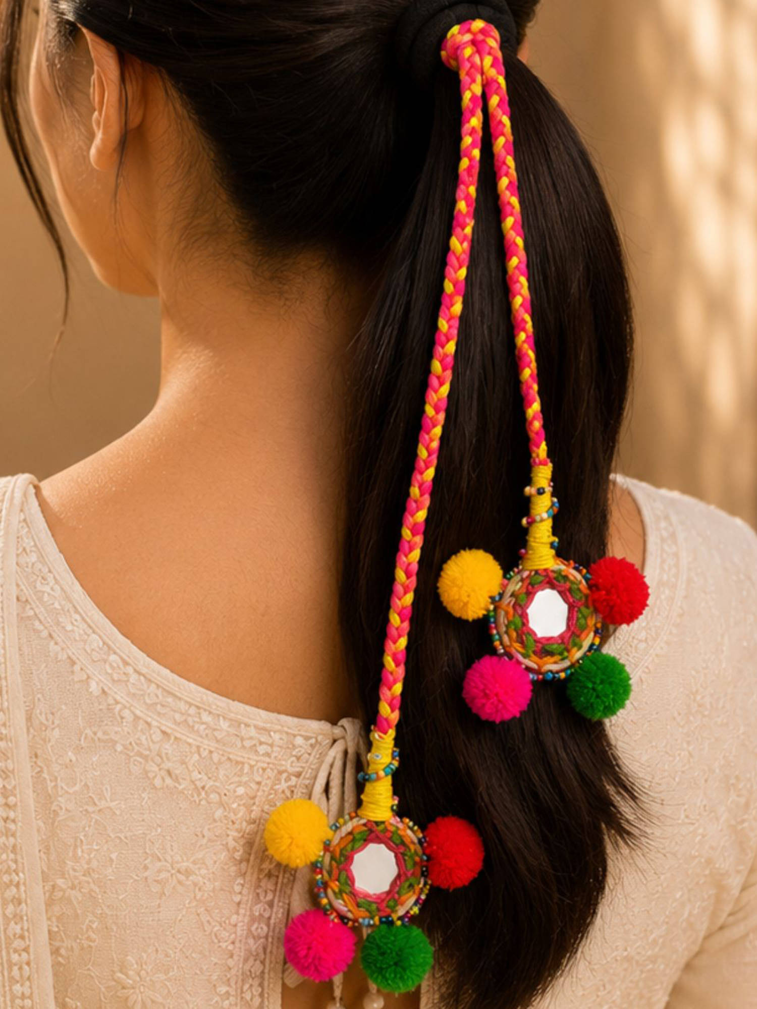 Viana Jewels Kutchi Mirror Dangler Boho Hair Rubber Band for Women