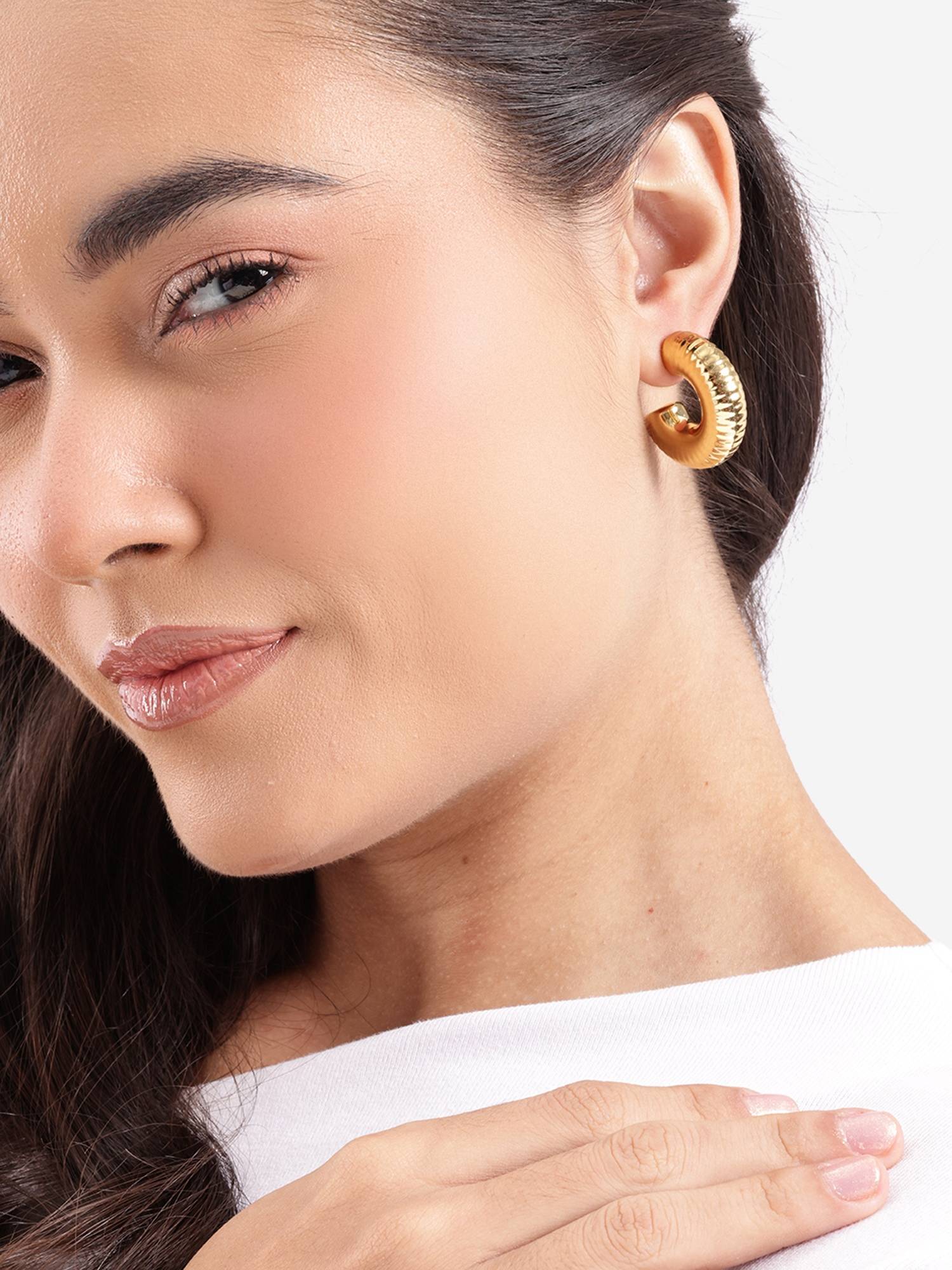Carlton London Gold Plated Bold Fluted Textured Half Hoop Earring