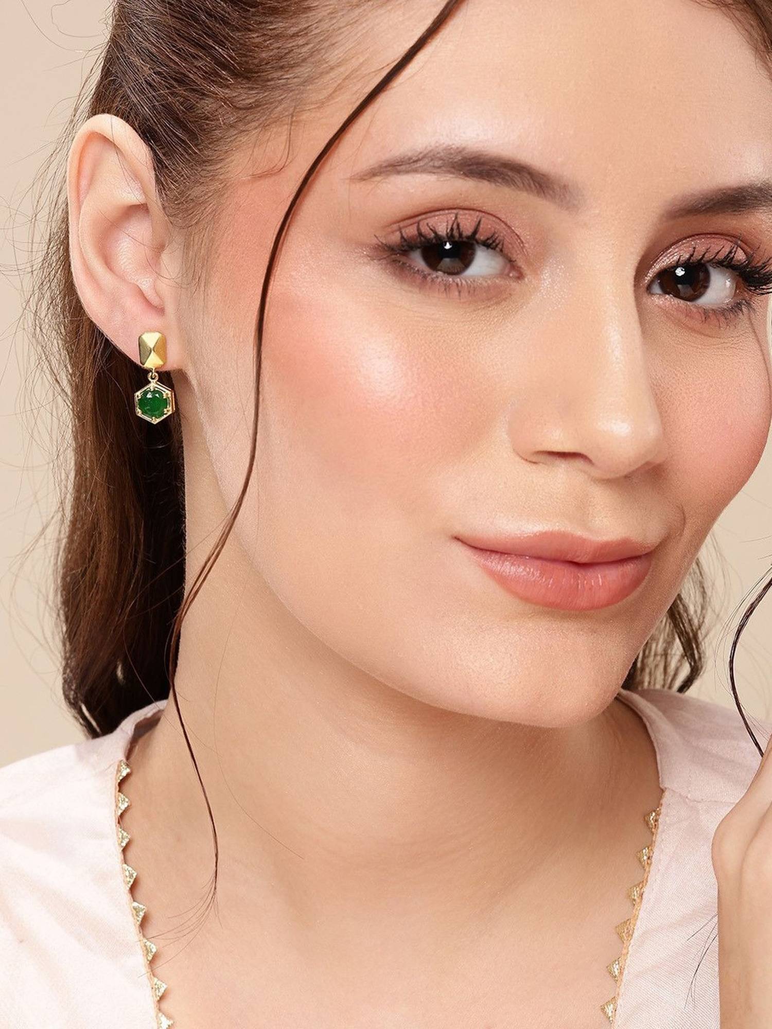 Carlton London 18KT Gold Plated Emerald Green Solitaire CZ Geometric Earrings