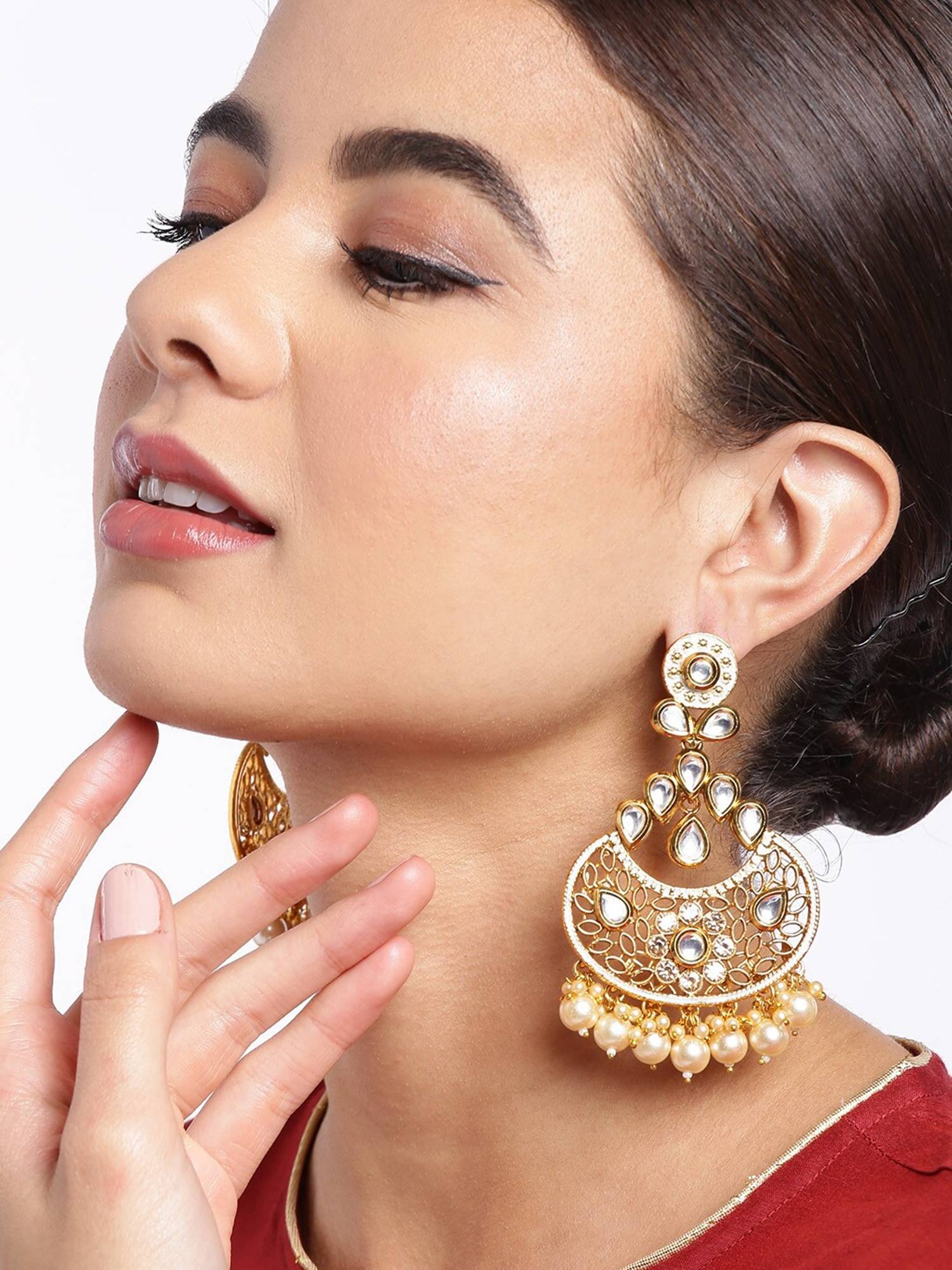 Carlton London Gold Plated Polki Kundan Studded Chandbali with Pearl Drop Earring