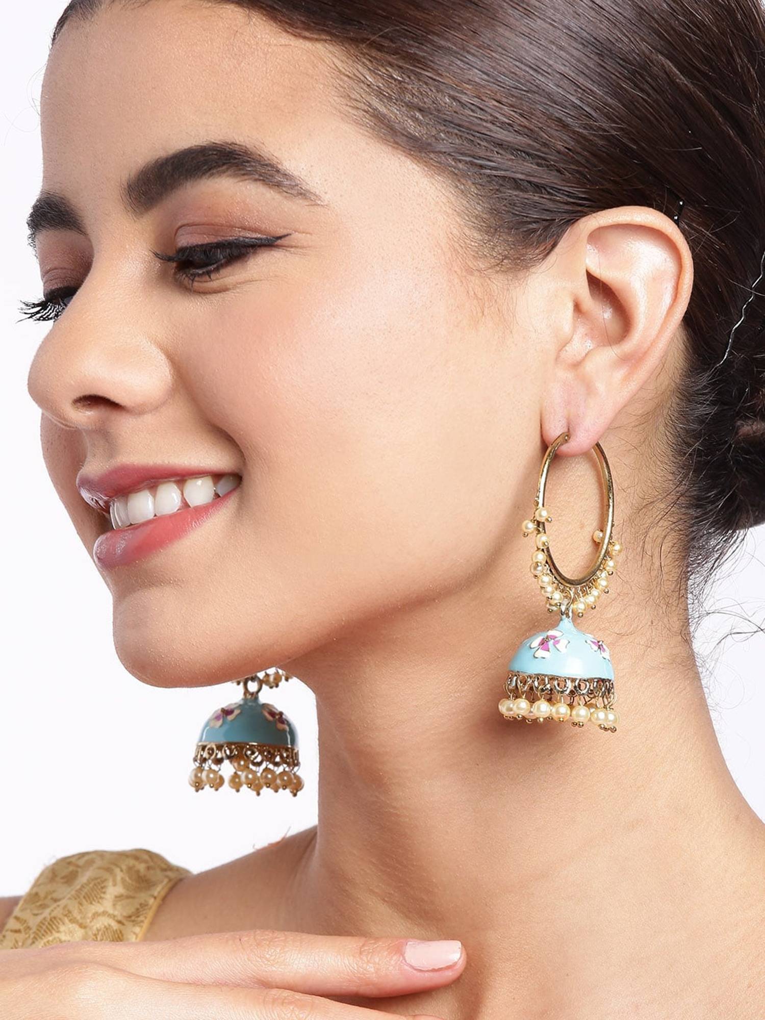 Carlton London Gold Plated Enamel Meenakari Jhumka Earrings with Pearl Drops