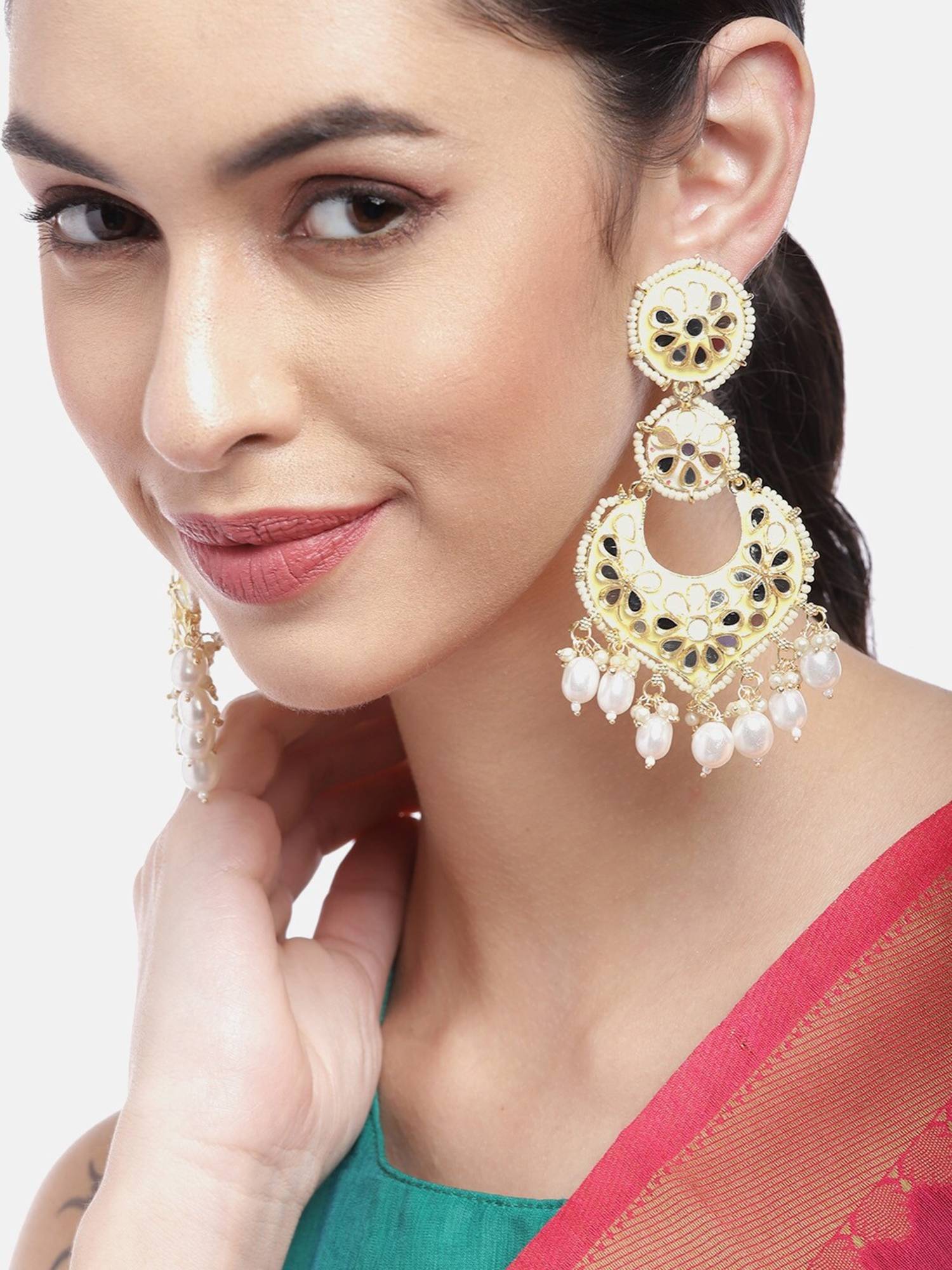 Carlton London Gold Plated Mirror Studded Enamel and Pearl Chandbali Earrings