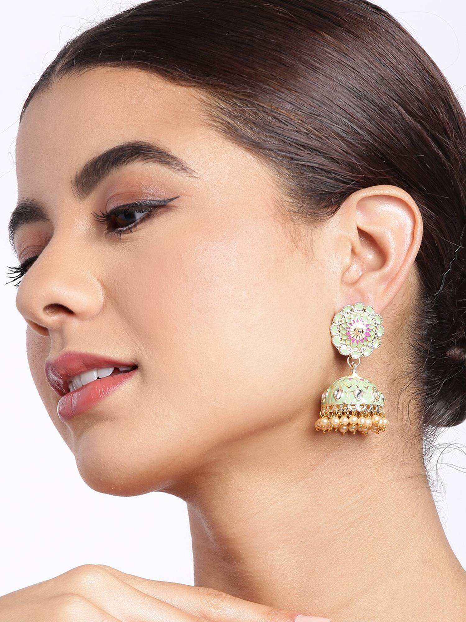 Carlton London Gold Plated Kundan and Pearl Green Enamel Floral Dome Jhumka Earring