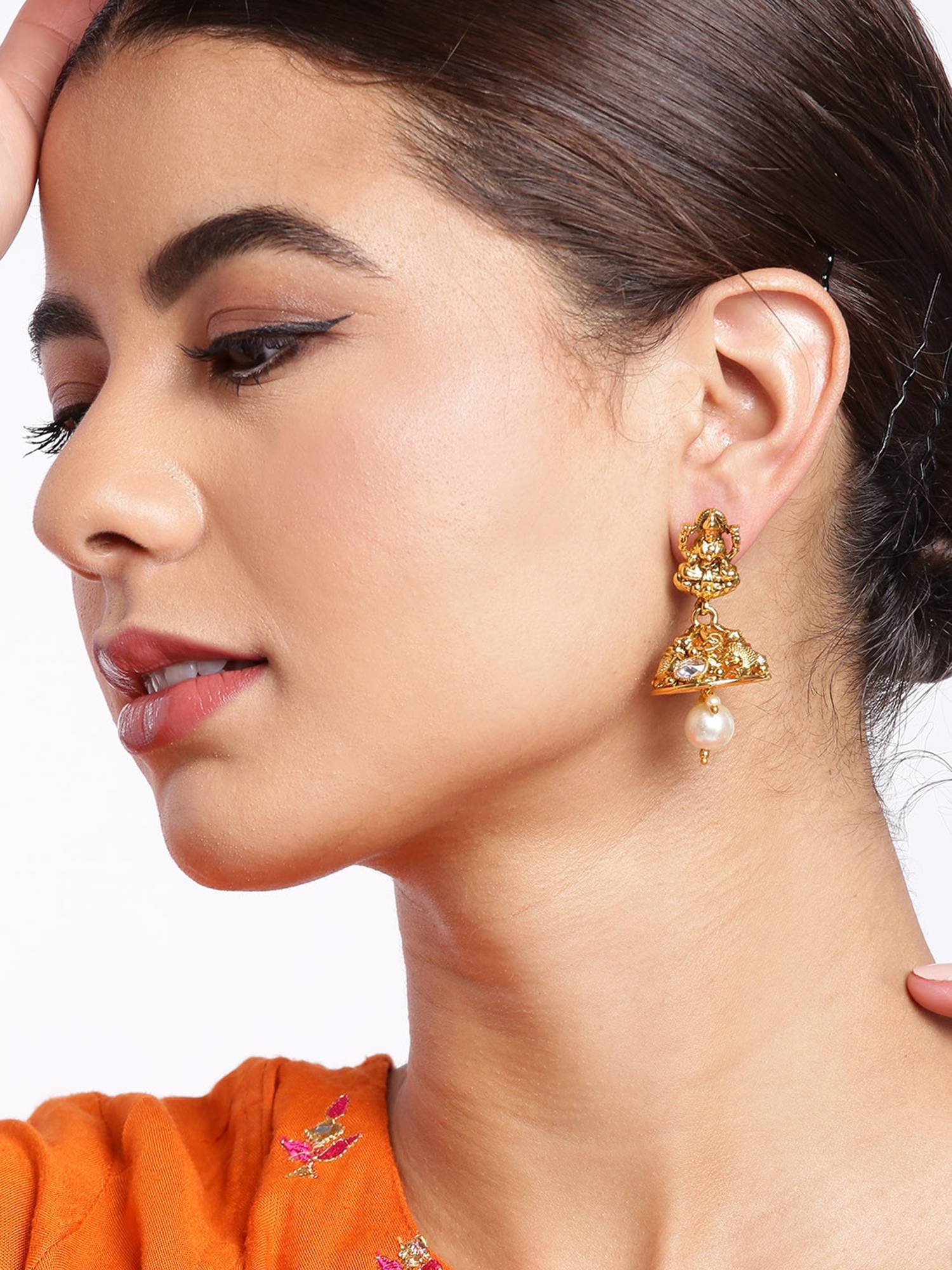 Carlton London Gold Plated Temple and Laxmi Pearl Dome Jhumka Earring