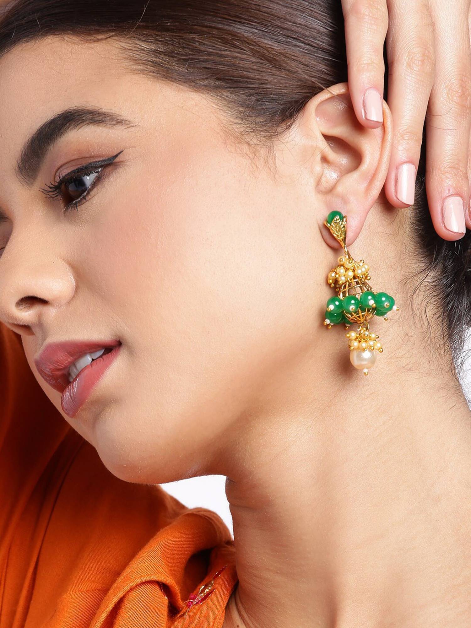 Carlton London Gold Plated Ethnic Statement Earrings with Pearl and Green Beads