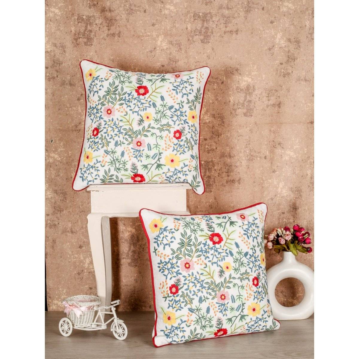 SHADES OF LIFE Cotton Decorative Cushion Covers (Multi Color Emb 16 x 16)Set of 2