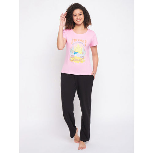 Buy Clovia Pink Cotton Printed T-Shirt and Pyjama (Set of 2) online