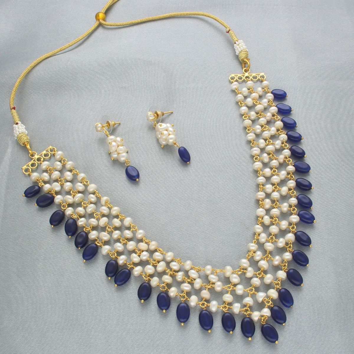 Buy Navy Blue Necklace Set With Brooch and Earrings Night Blue Pearl Light  Grey Ivory Torsade Multi Strand Crystal Pearls Mother of the Bride Online  in India - Etsy