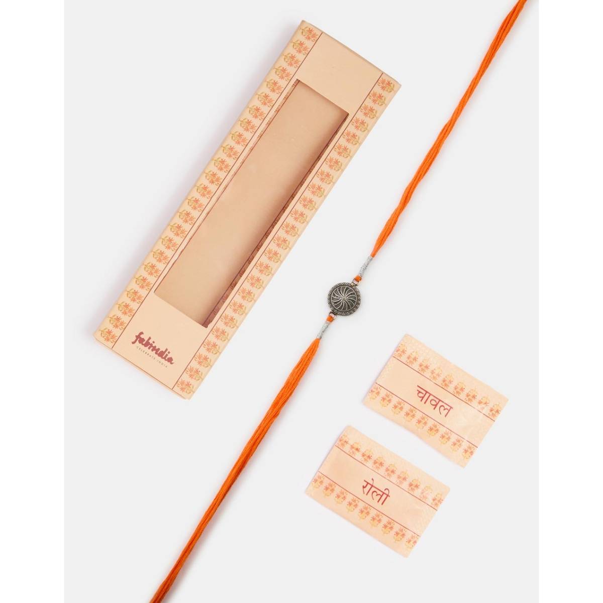 Fabindia Orange Metal Thread Rakhi with Roli Chawal