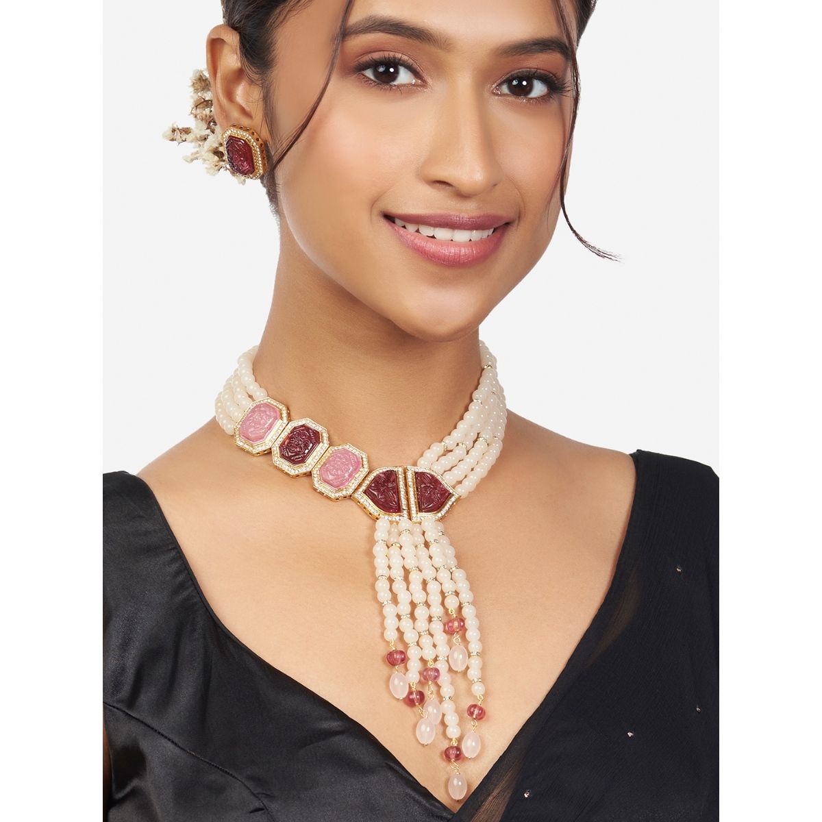 Buy Joules By Radhika Gold Finish Pink And Off White Necklace And Earrings