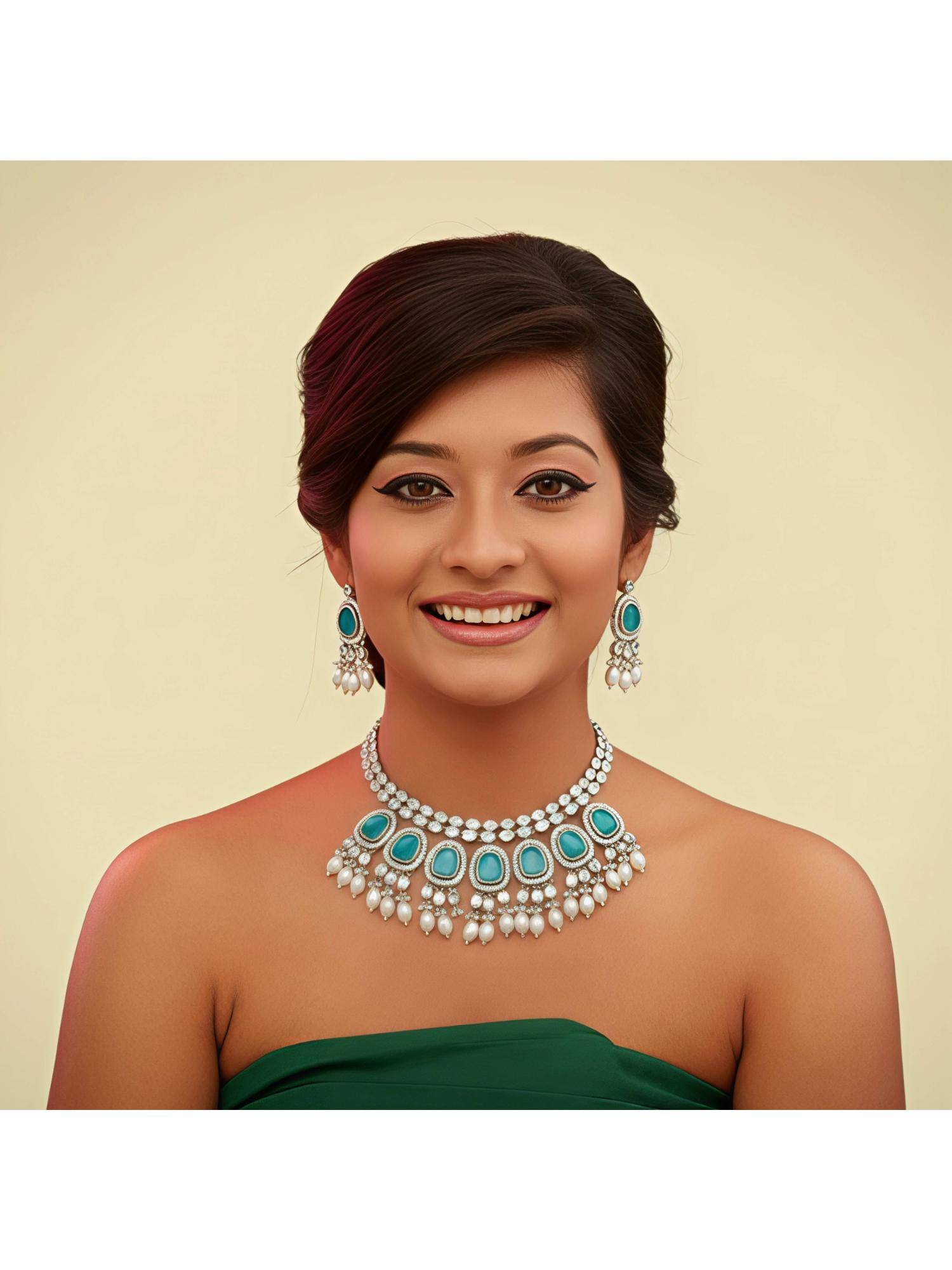 SOLLIGHT Women Blue Zirconia and Pearl Beads Jewellery Set