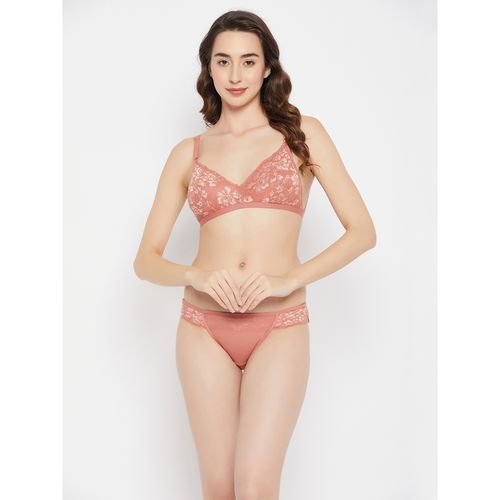 Buy Clovia Non-padded Non-wired Full Cup Bra & Low Waist Bikini Panty With  Lace Orange (Set of 2) Online