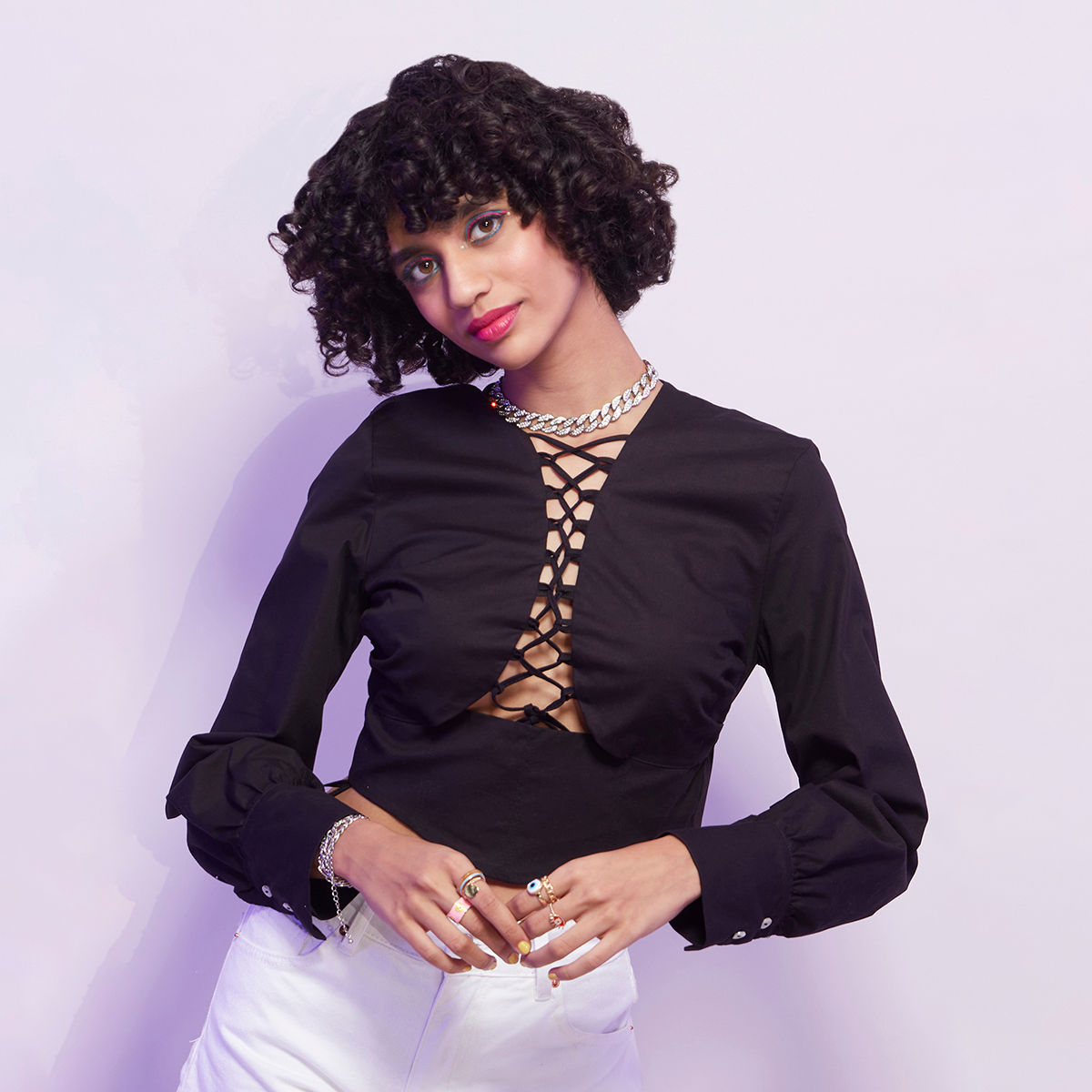 Buy MIXT by Nykaa Fashion Black Solid V Neck Front Cut Out Crop Top Online