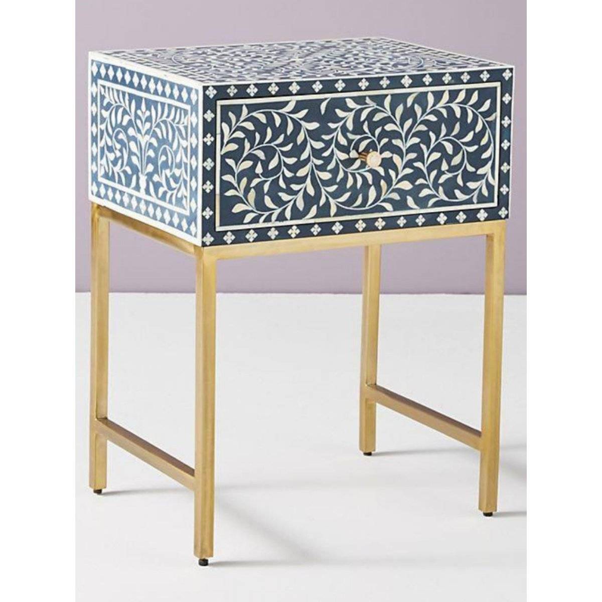 CasaGold Navy Blue Bone Inlay Bedside Table