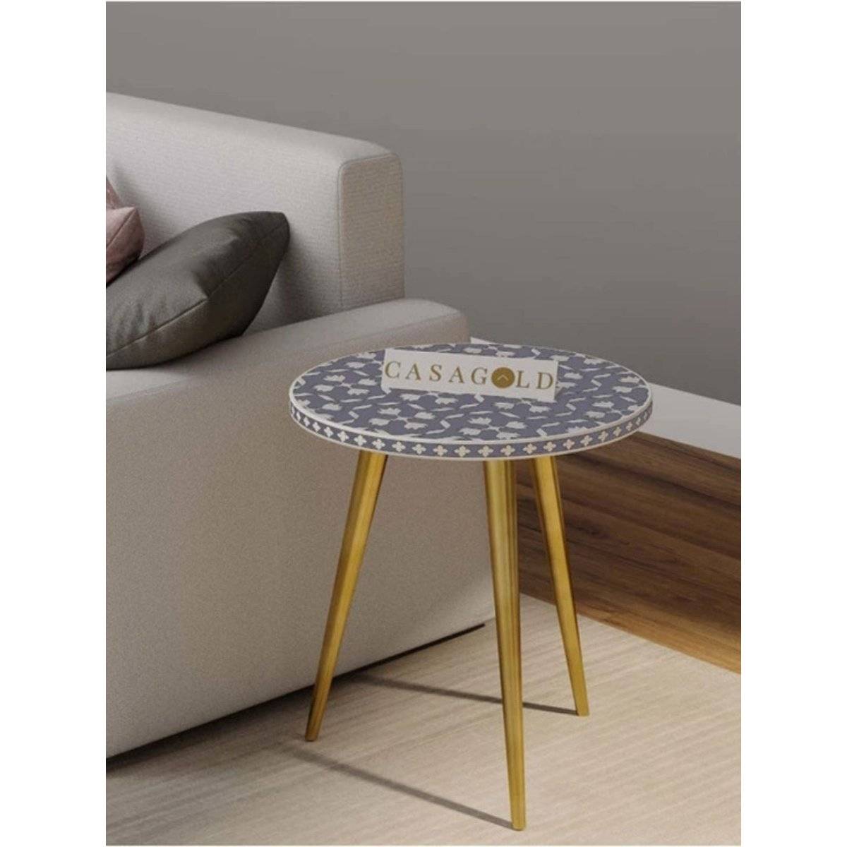 CasaGold Grey Floral Three Leg Bone Inlay with Gold Legs Side Table