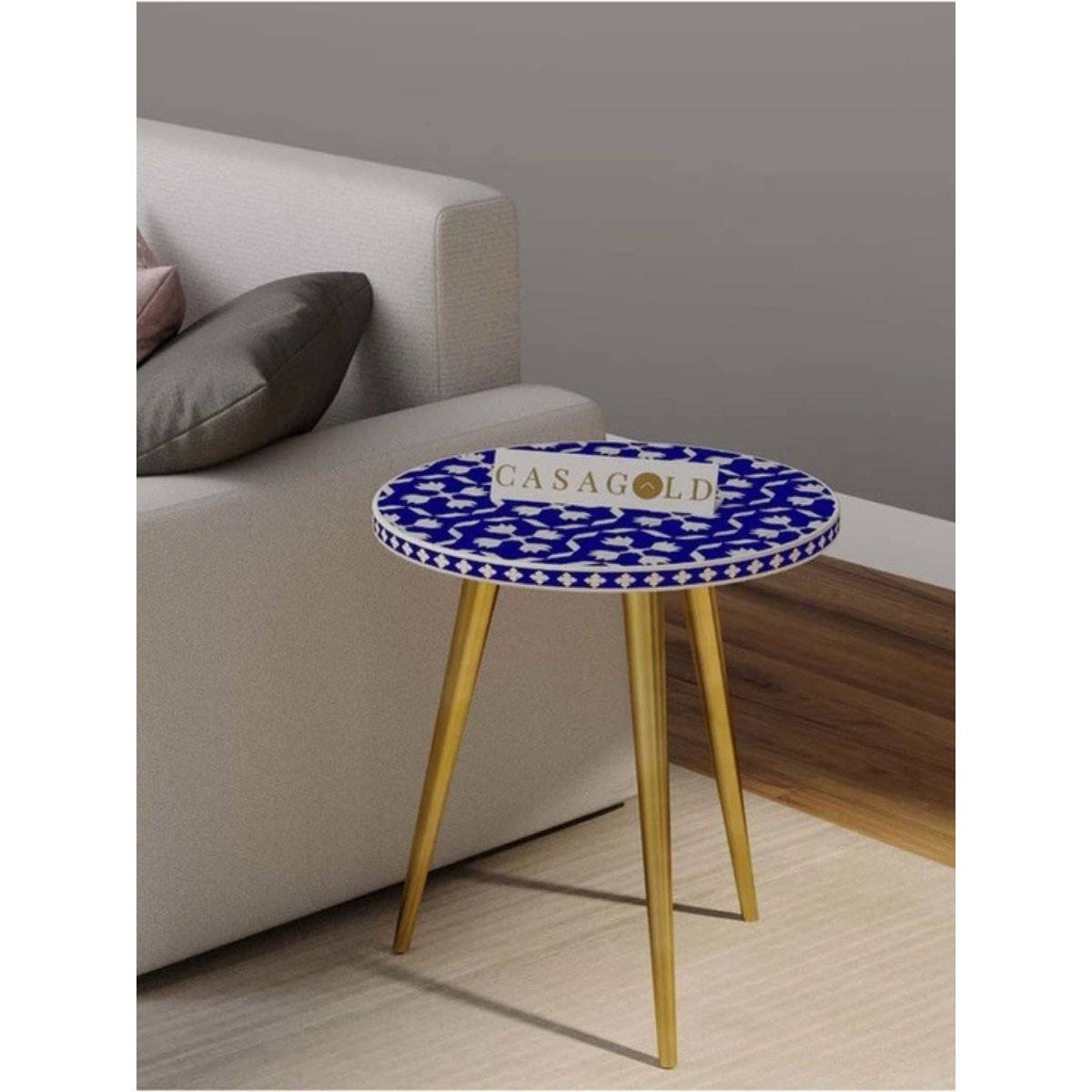 CasaGold Blue Floral Three Leg Bone Inlay with Gold Legs Side Table