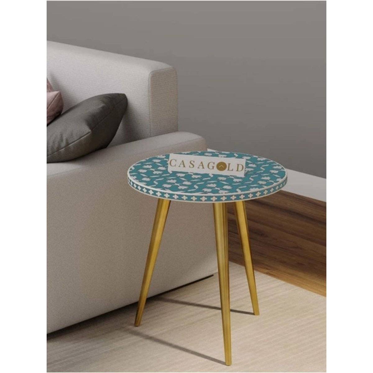 CasaGold Sea Green Floral Bone Inlay with Gold Legs Side Table