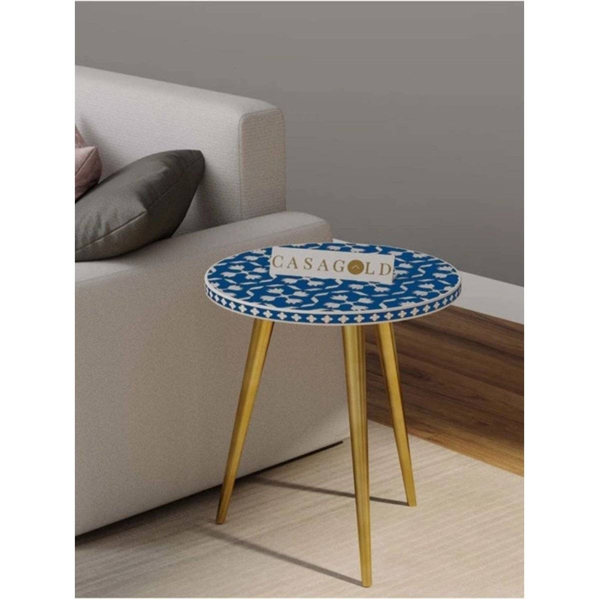 CasaGold Teal Floral Three Leg Bone Inlay with Gold Legs Side Table
