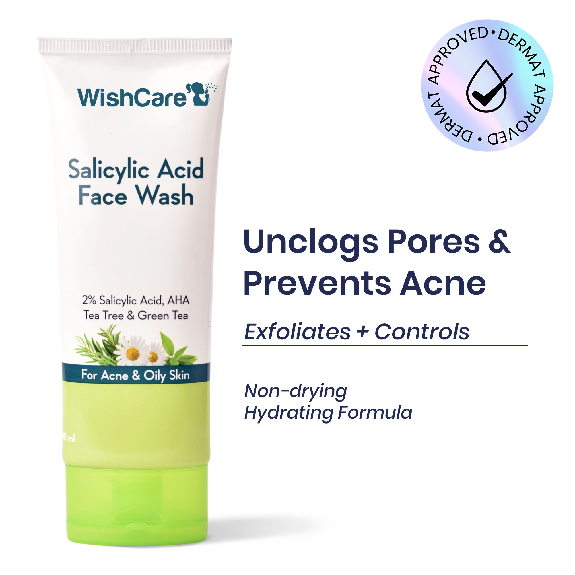 Wishcare 2% Salicylic Acid Face Wash With Aha, Greentea, Chamomile & Teatree For Oil & Acne Control