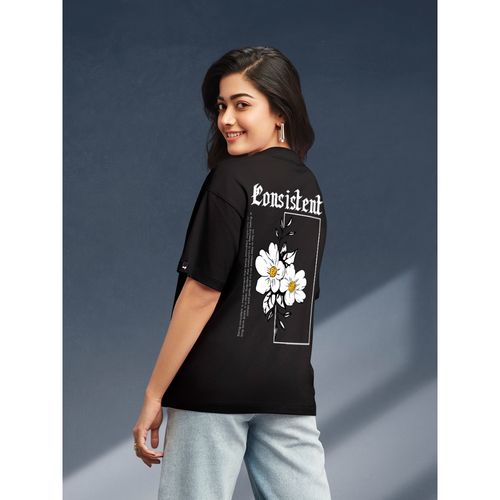 Bewakoof Women's Black Consistent Graphic Printed Oversized T-shirt (XS)